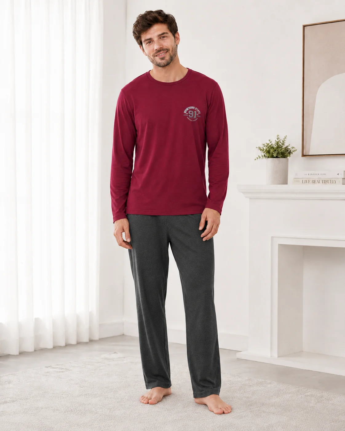 Set Pijama Barbati cu Maneca Lunga si Pantaloni Gri Inchis-Bordo