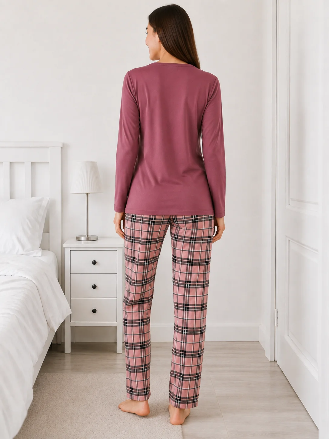 Pijama de Damă cu Imprimeu Căniță și Carouri-Visiniu