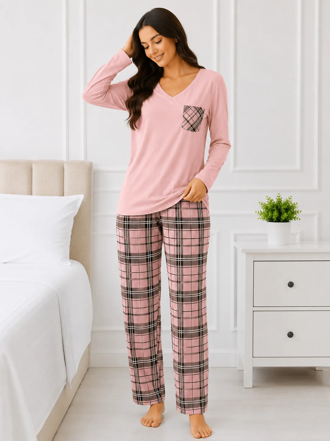 Pijama de damă, bluză și pantaloni lungi roz în carouri-Roz