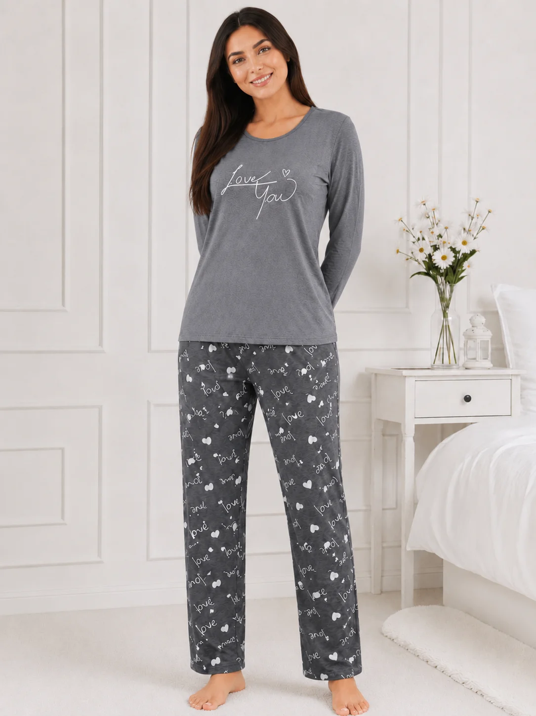 Pijama de damă cu mesaj „Love You” și pantaloni gri cu imprimeu-Gri