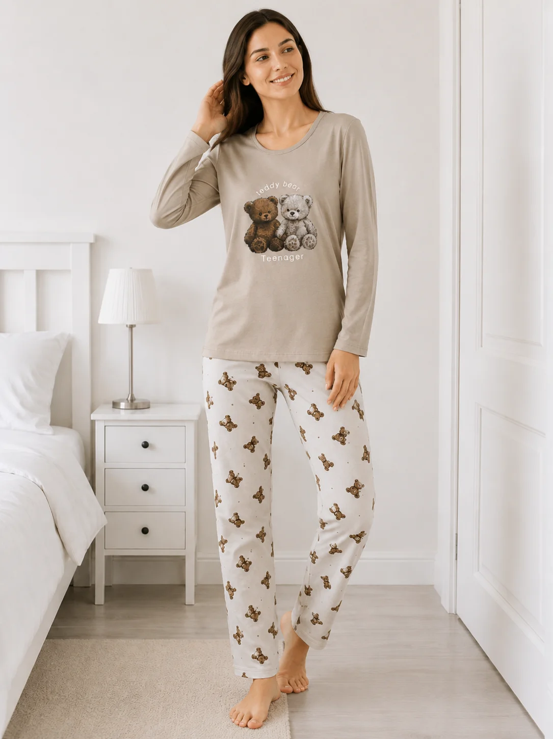 Pijama de Damă  cu Imprimeu Urși și Pantaloni Asortați-Bej