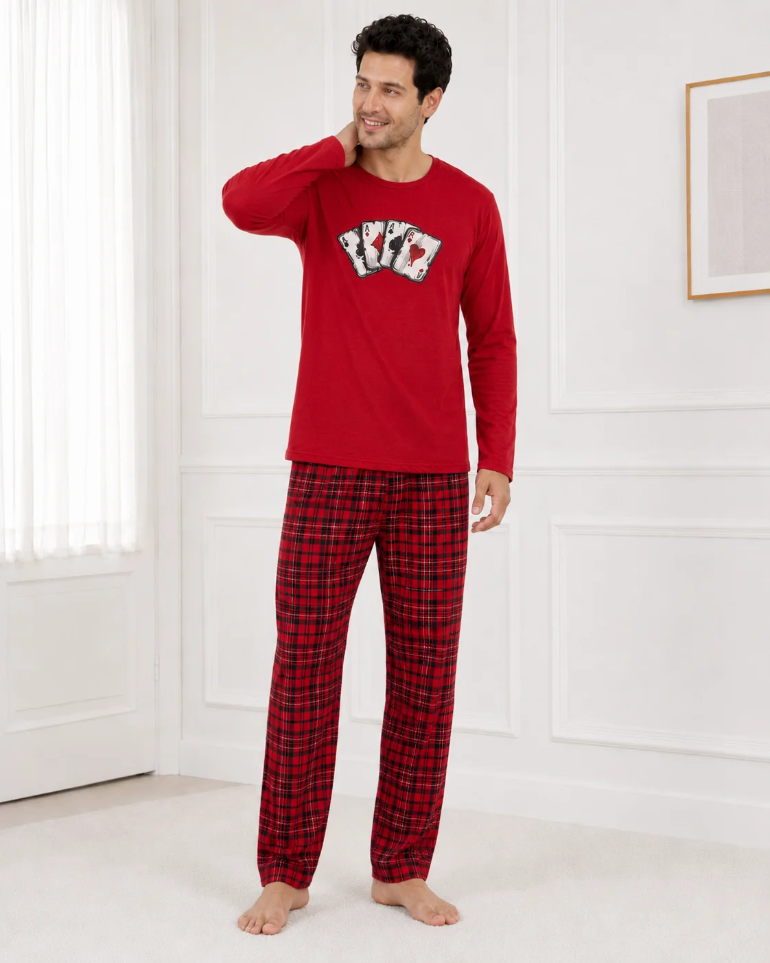 Set Pijama Barbati cu Maneca Lunga si Pantaloni in Carouri Rosi-Rosu
