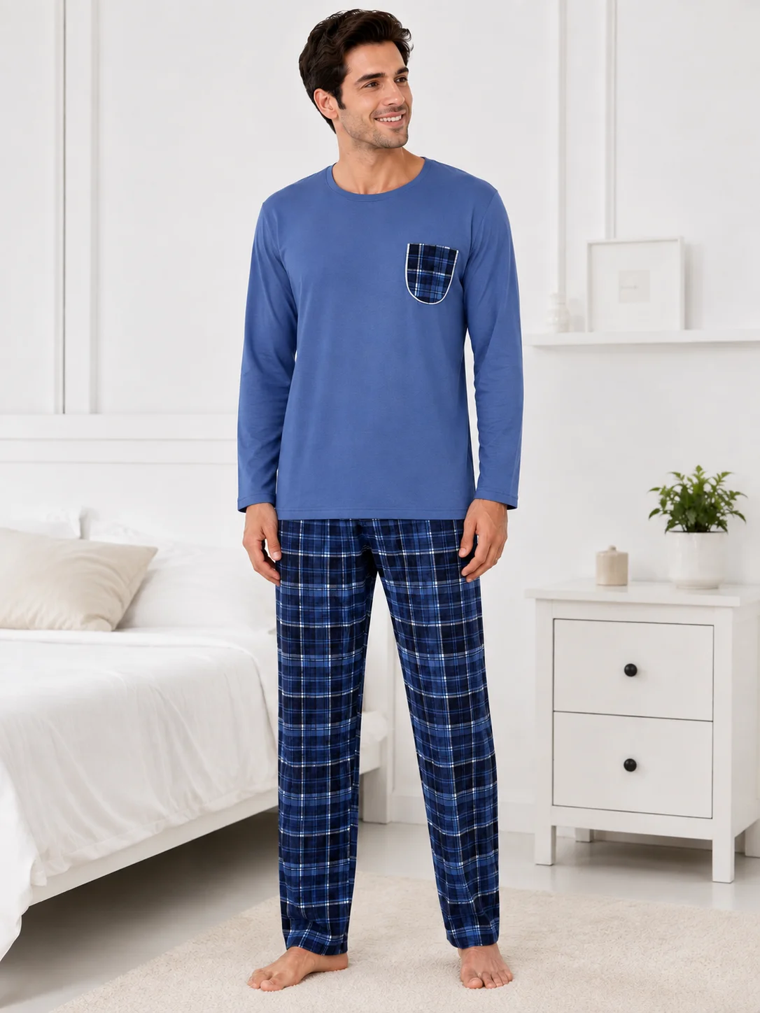 Set Pijama Barbati cu Buzunar în Carouri și Pantaloni Asortați-Albastru