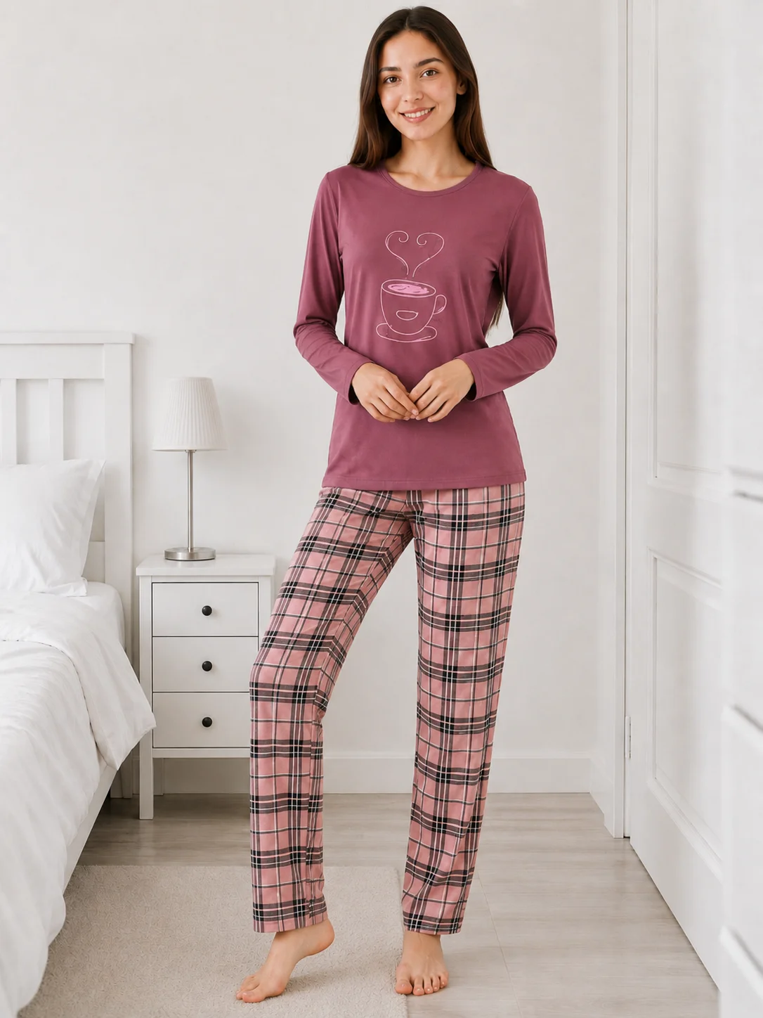 Pijama de Damă cu Imprimeu Căniță și Carouri-Visiniu
