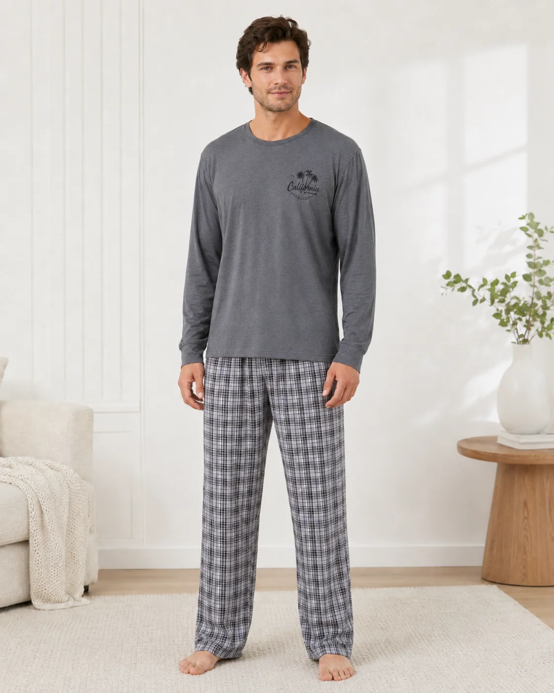 Pijama bărbați mânecă lungă si pantaloni în carouri-Gri