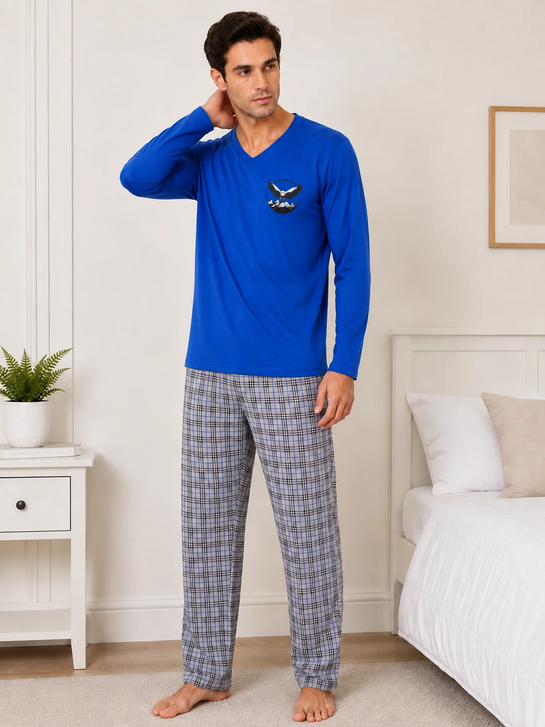 Set Pijama Barbati cu Maneca Lunga si Pantaloni in Carouri -Albastru