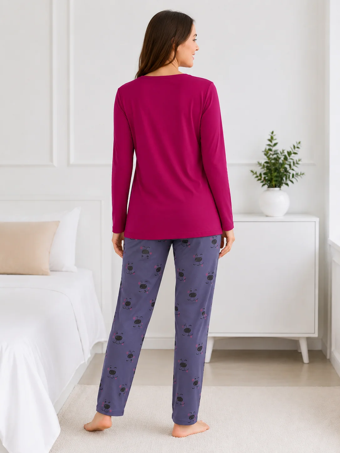 Pijama de Damă cu Bluză și Pantalon Gri Imprimat cu Cățeluși- Magenta