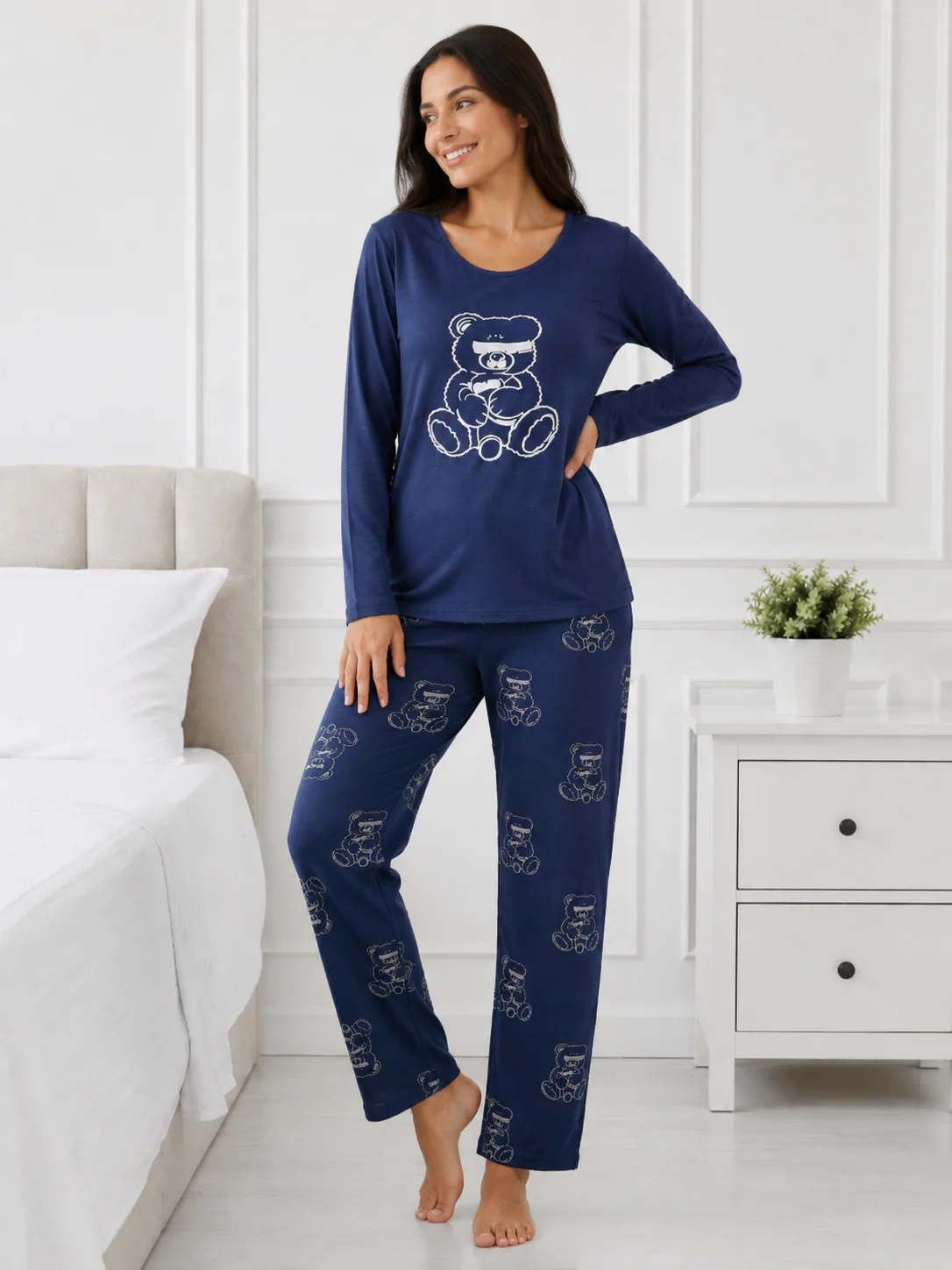 Set pijama 2 piese: Bluză cu ursuleț și pantaloni imprimați-Bleumarin