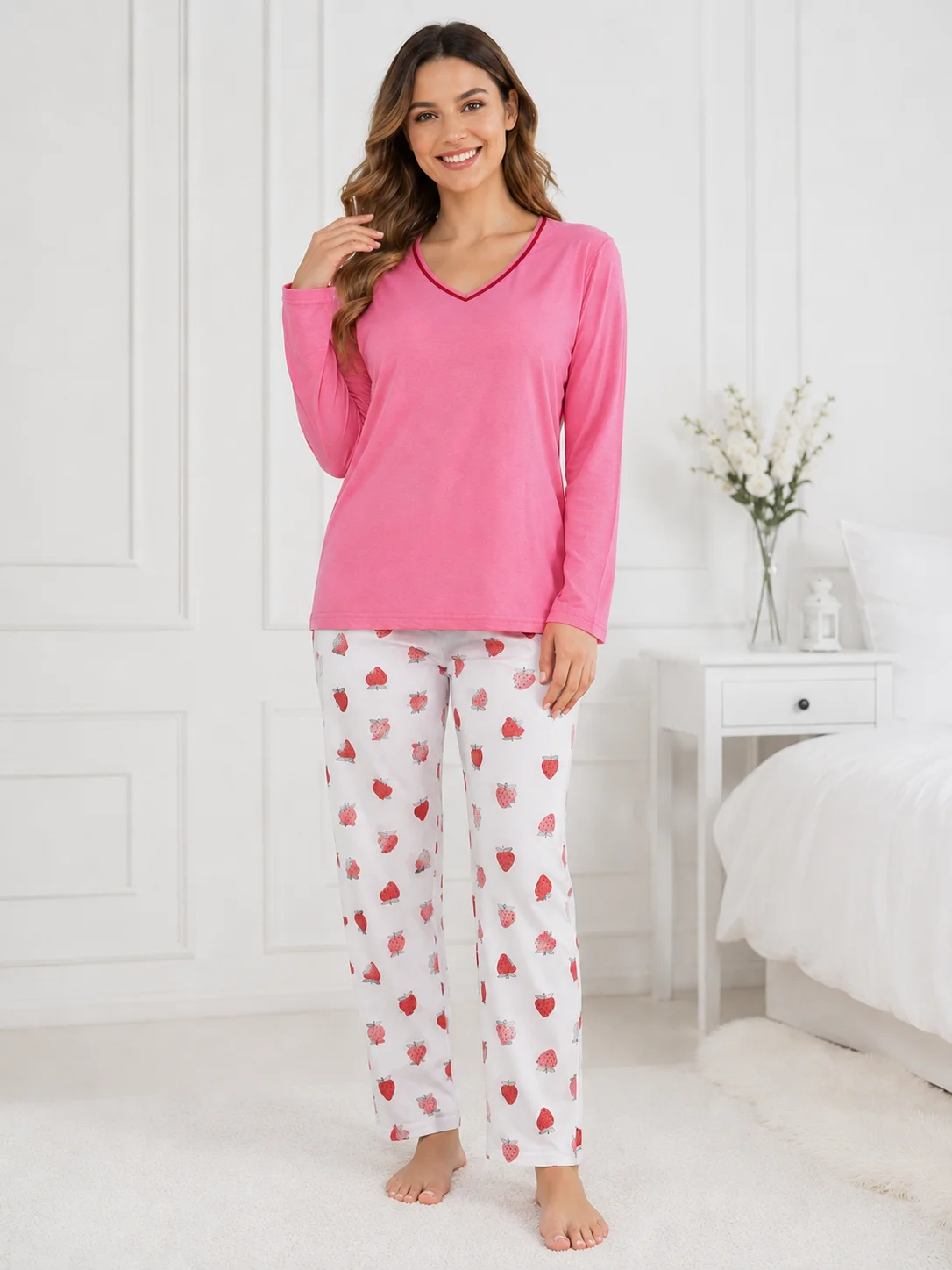 Pijama de Damă cu Bluză și Pantalon Alb cu Imprimeu Căpșuni- Roz Aprins