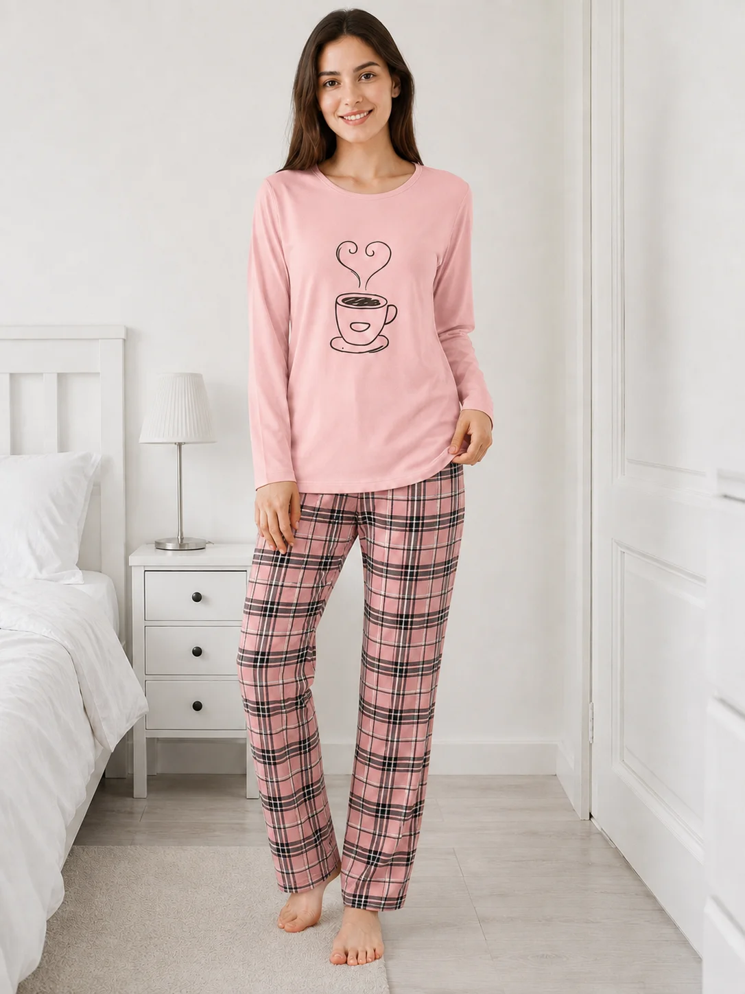 Pijama de Damă cu Imprimeu Căniță și Carouri-Roz