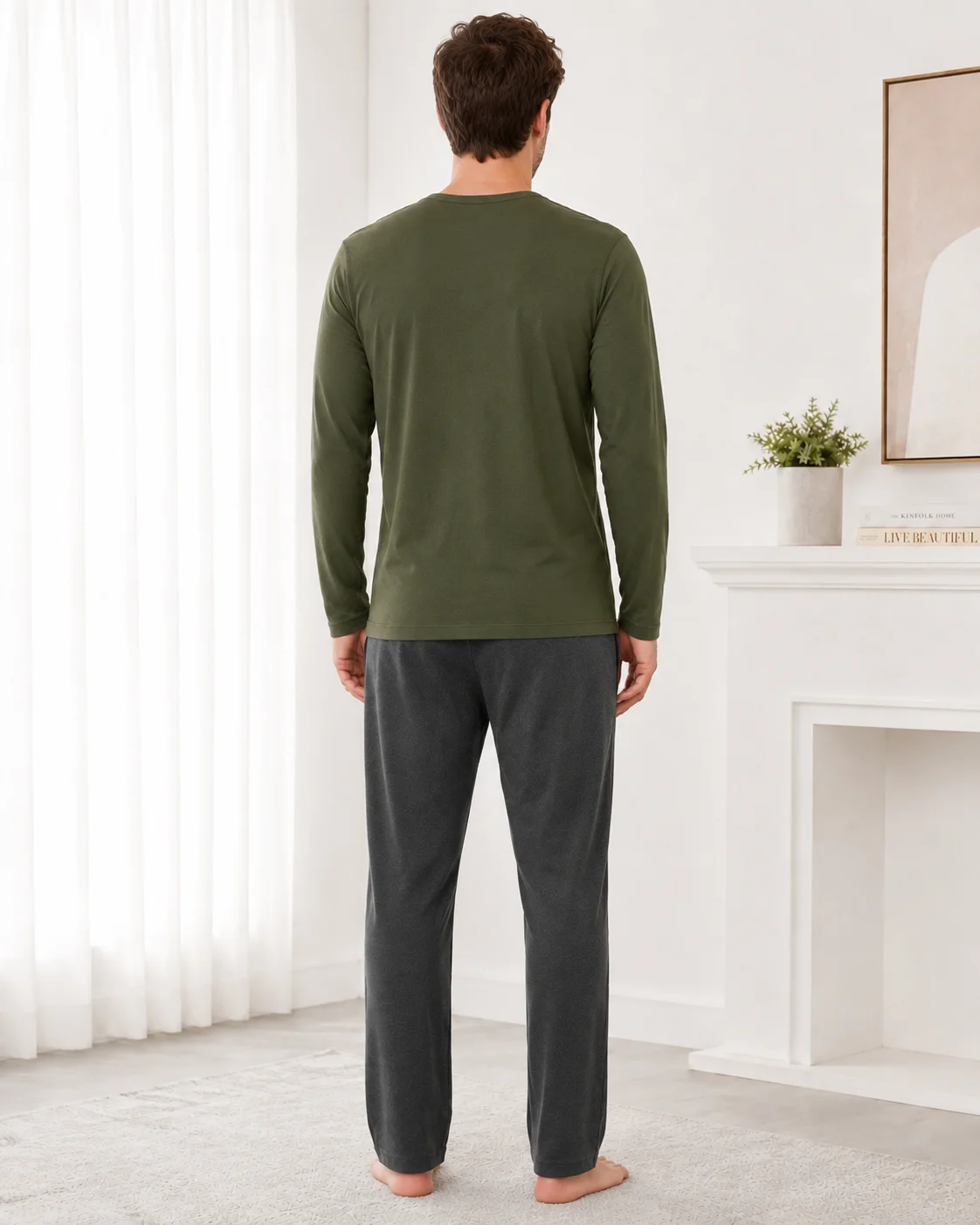 Set Pijama Barbati cu Maneca Lunga si Pantaloni Gri Inchis-Verde — imagine 4