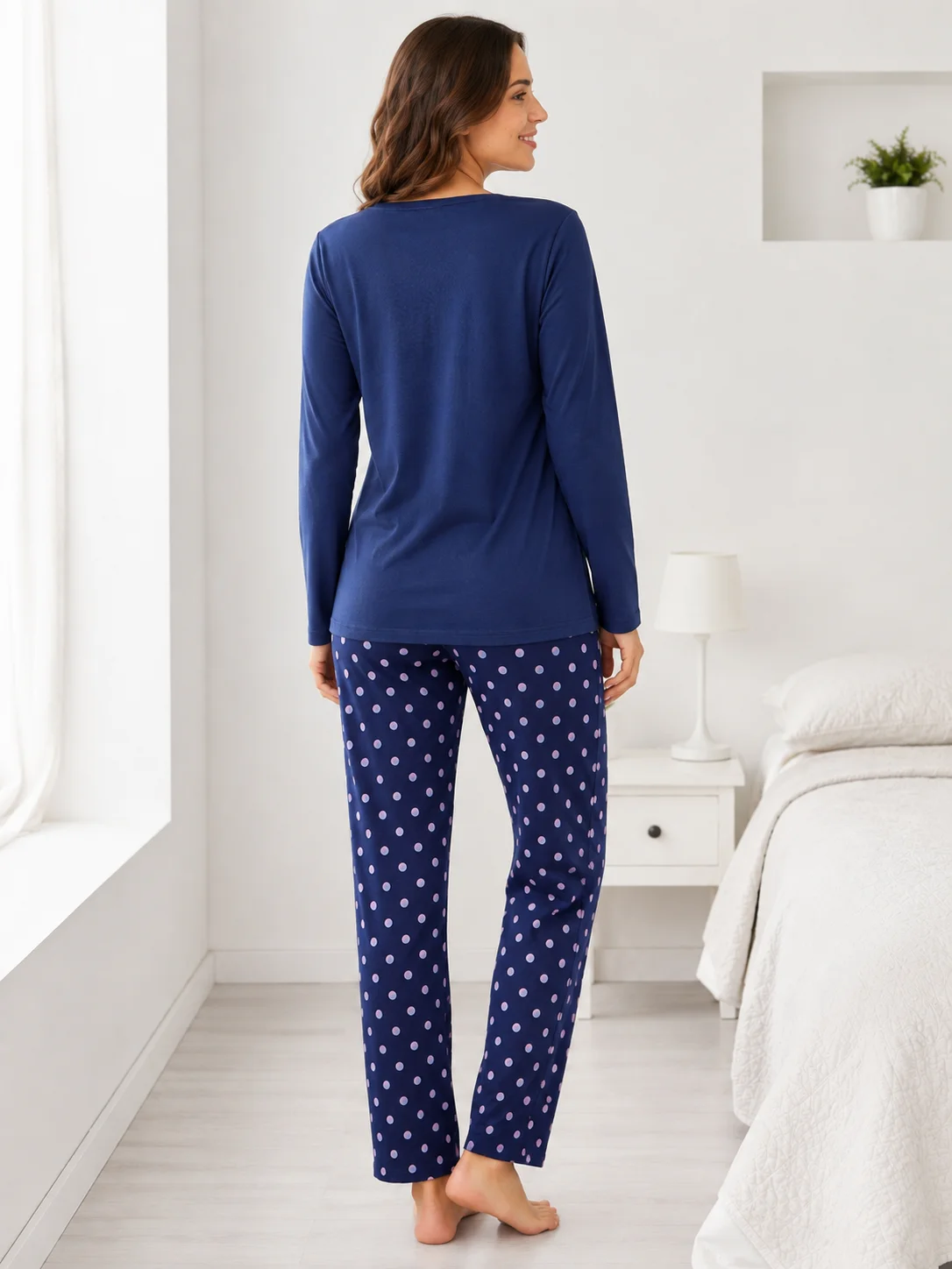 Pijama de Damă cu Bluză și Pantalon Bleumarin cu Buline Roz-Bleumarin