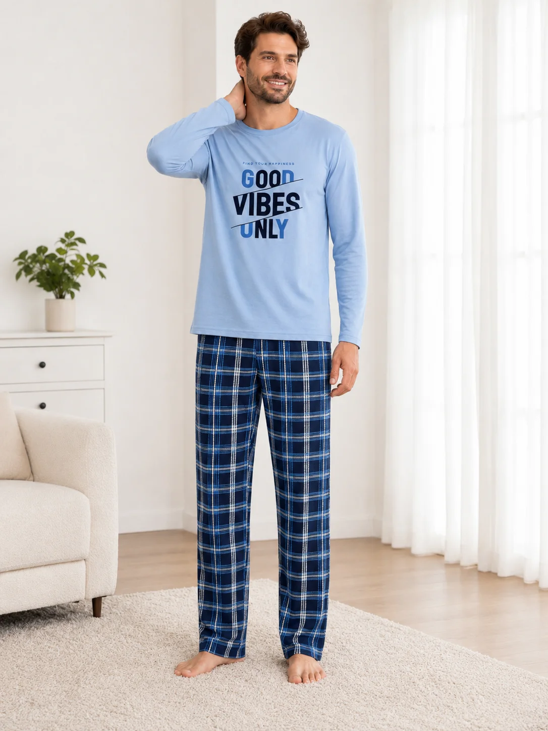 Set Relaxare Barbati Bluză Good Vibes si Pantaloni in Carouri-Bleu