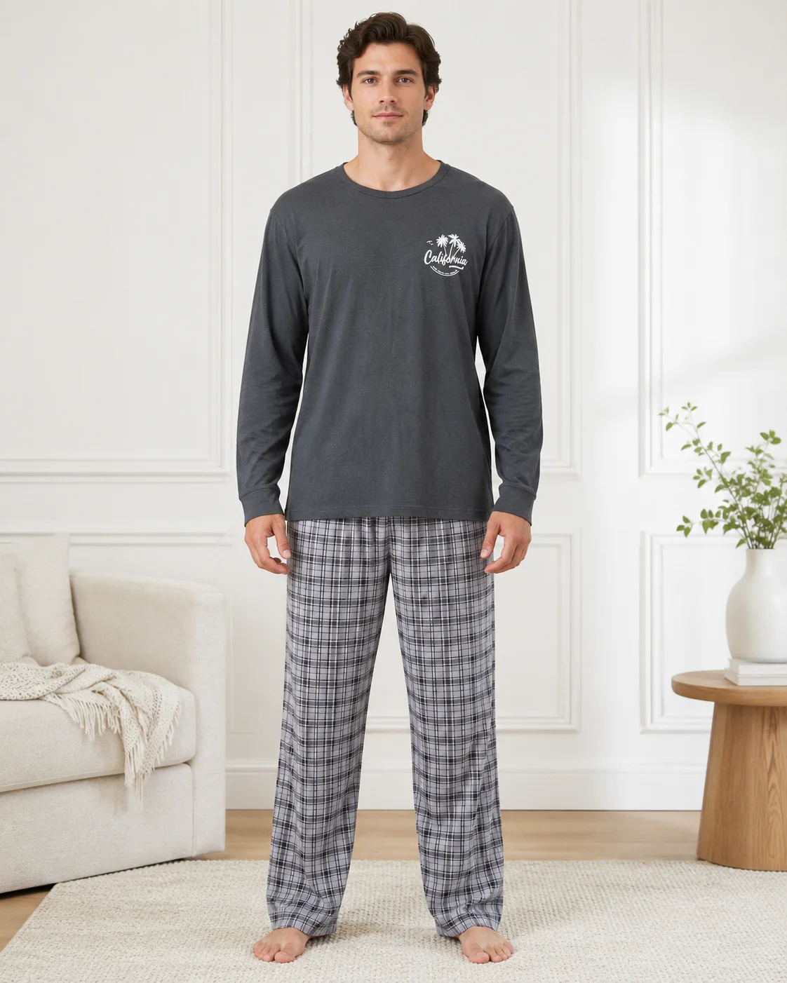Pijama bărbați mânecă lungă si pantaloni în carouri-Gri inchis — imagine 3