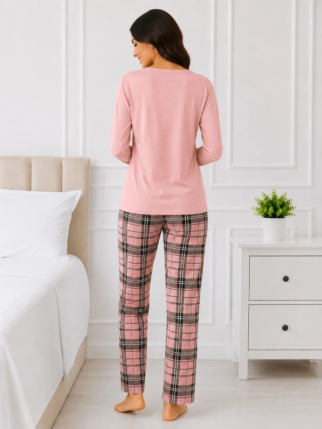Pijama de damă, bluză și pantaloni lungi roz în carouri-Roz