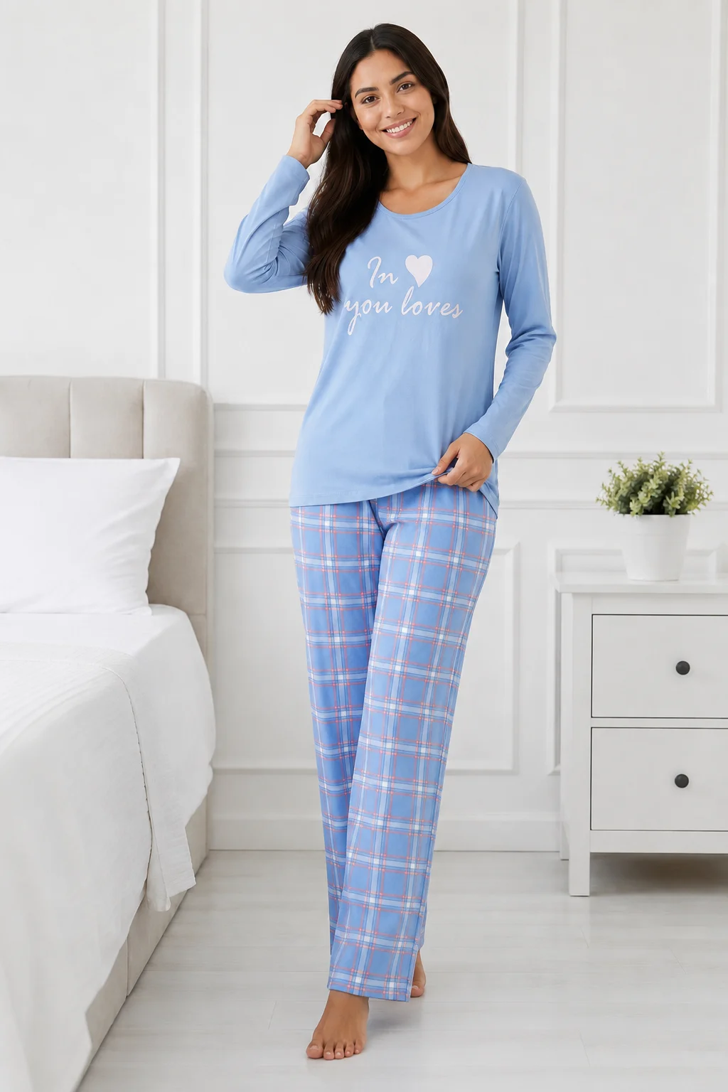 Pijama de damă pastel cu bluză și pantaloni în carouri-Albastru