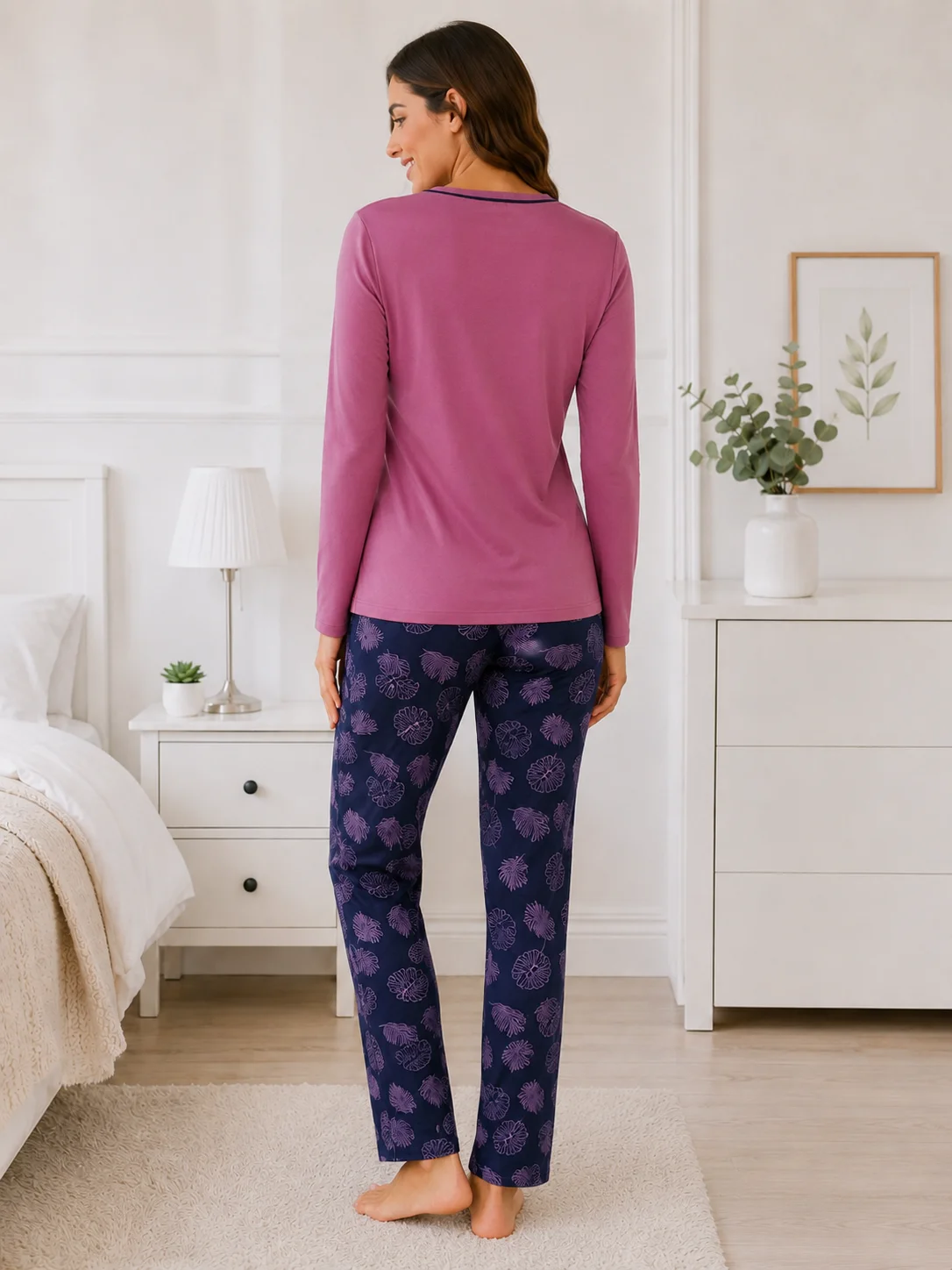 Pijamale dama, Bluză și Pantalon cu Imprimeu Frunze- Mov — imagine 4