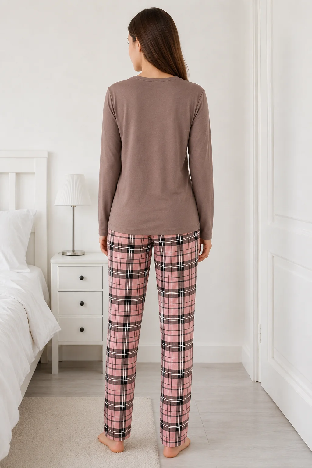 Pijama de Damă cu Imprimeu Căniță și Carouri-Maro