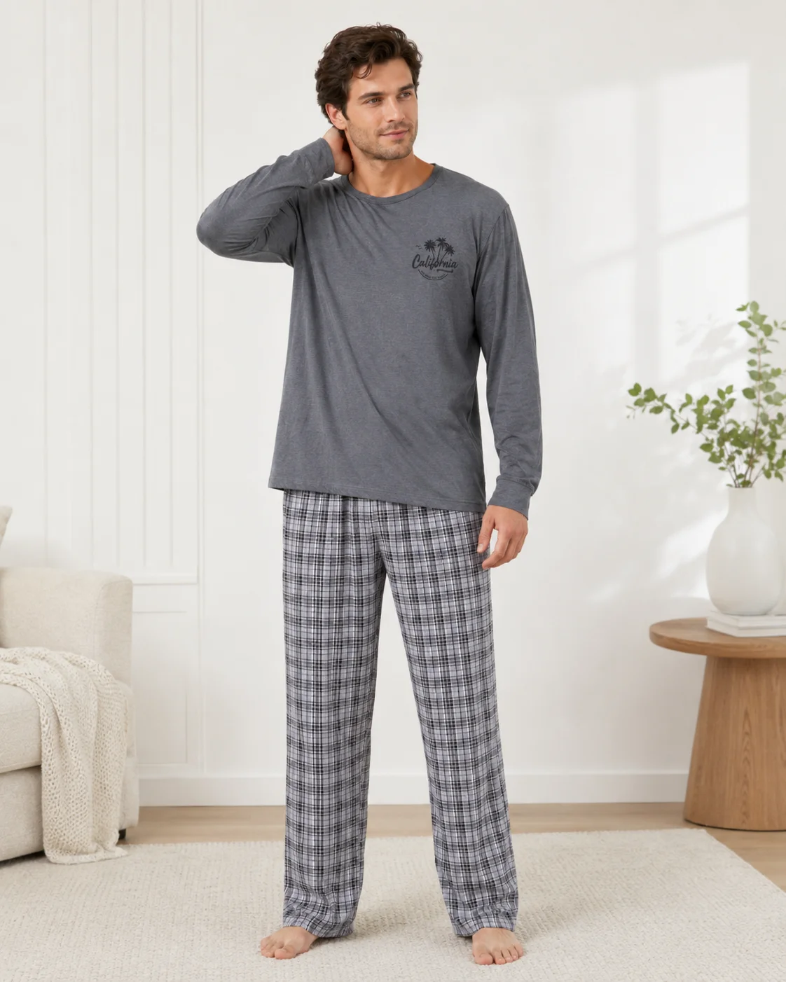 Pijama bărbați mânecă lungă si pantaloni în carouri-Gri