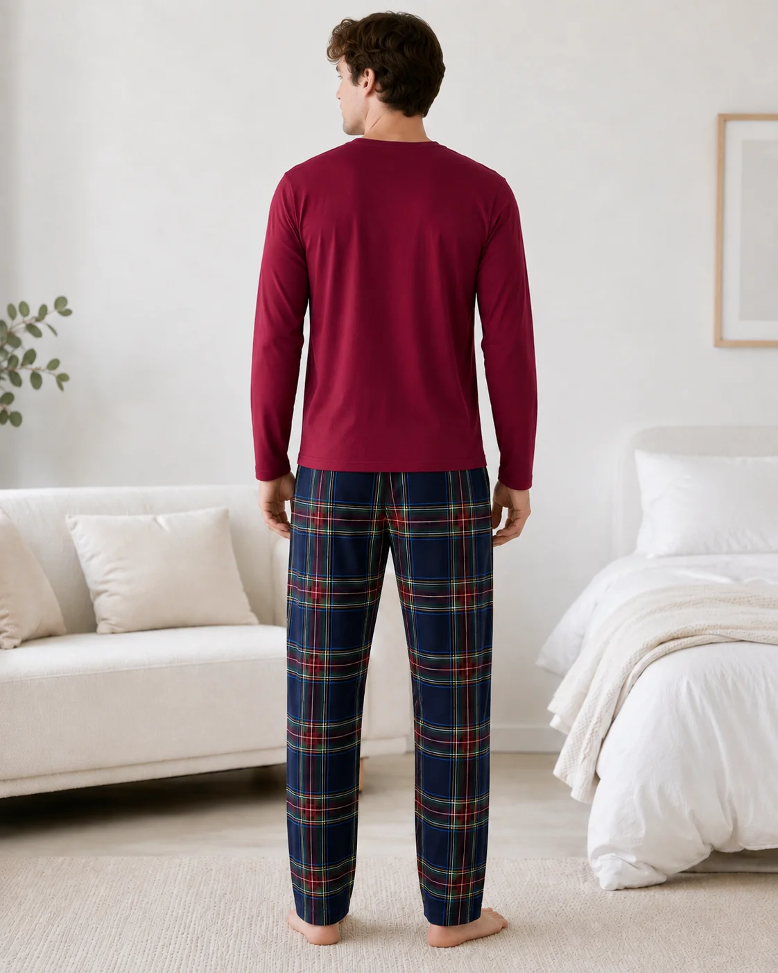 Set Pijama Barbati cu Imprimeu Fotbal și Pantaloni în Carouri-Bordo