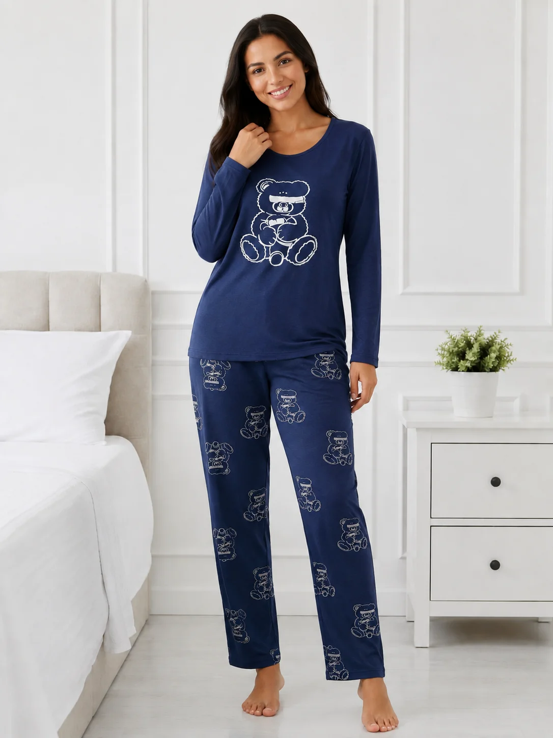 Set pijama 2 piese: Bluză cu ursuleț și pantaloni imprimați-Bleumarin