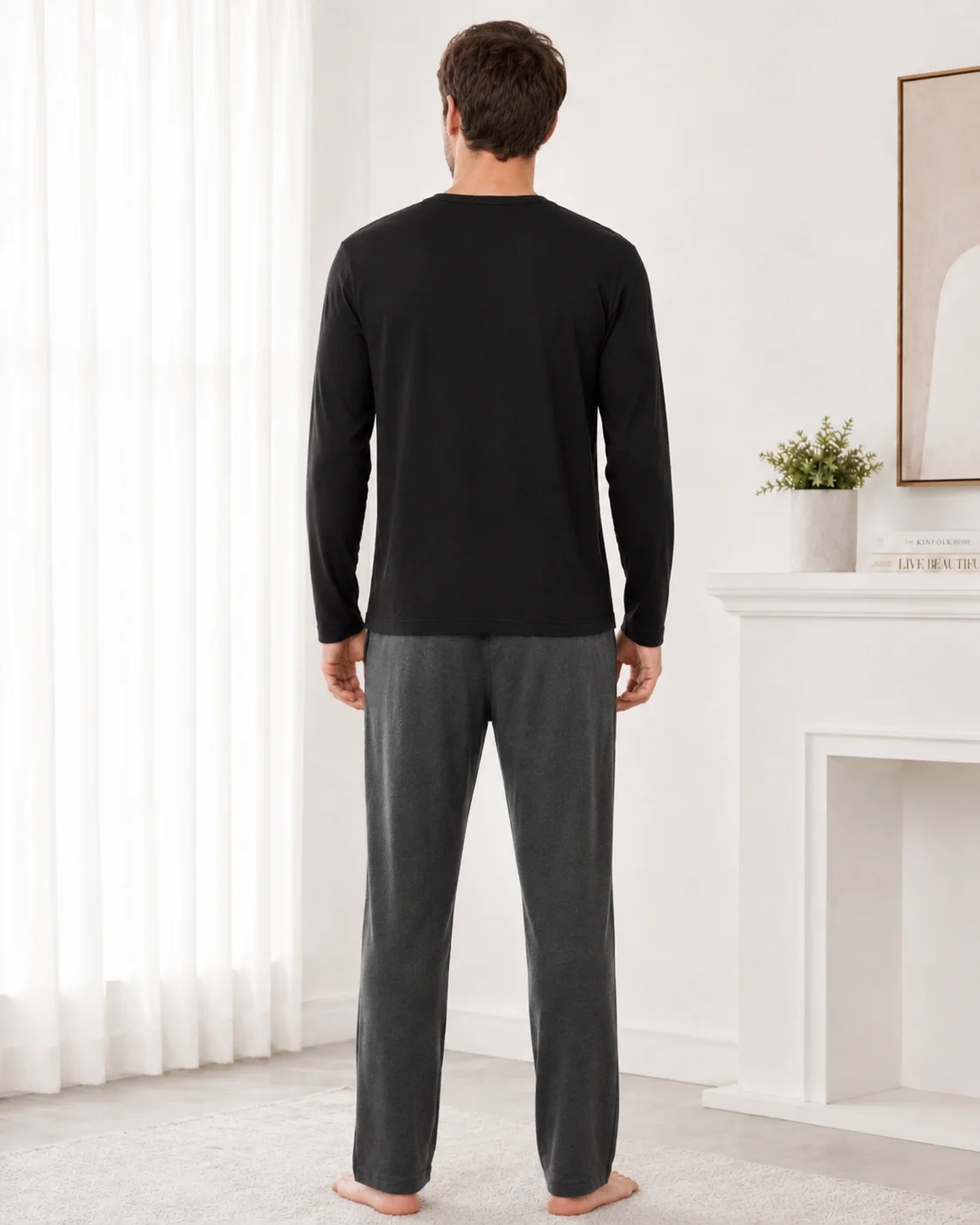 Set Pijama Barbati cu Maneca Lunga si Pantaloni Gri Inchis-Negru