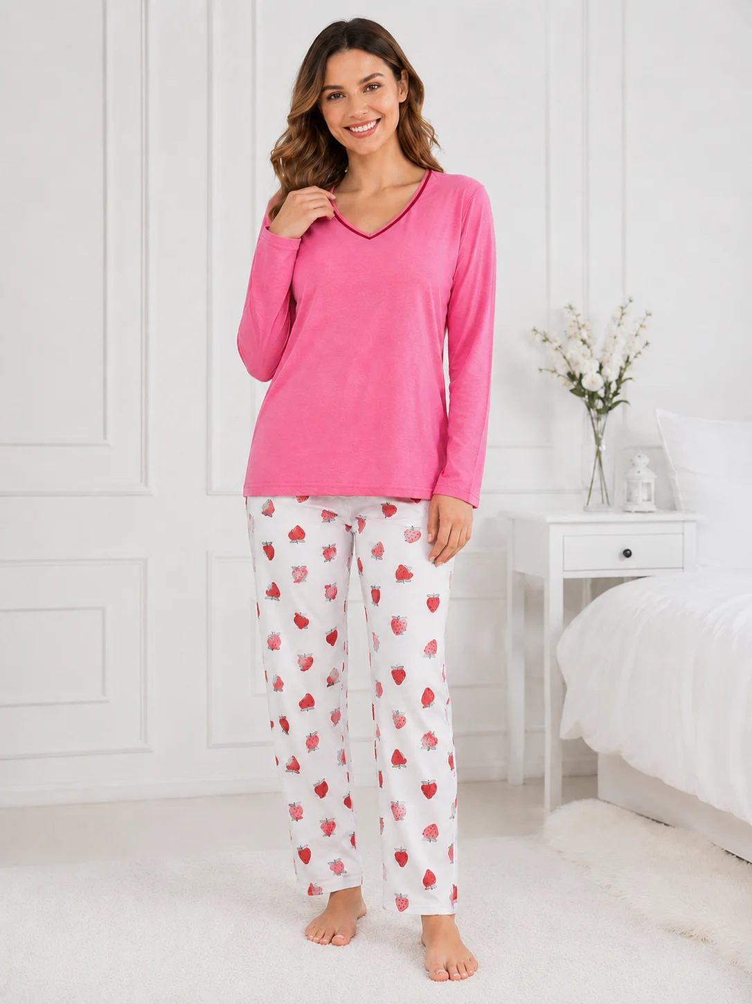 Pijama de Damă cu Bluză și Pantalon Alb cu Imprimeu Căpșuni- Roz Aprins
