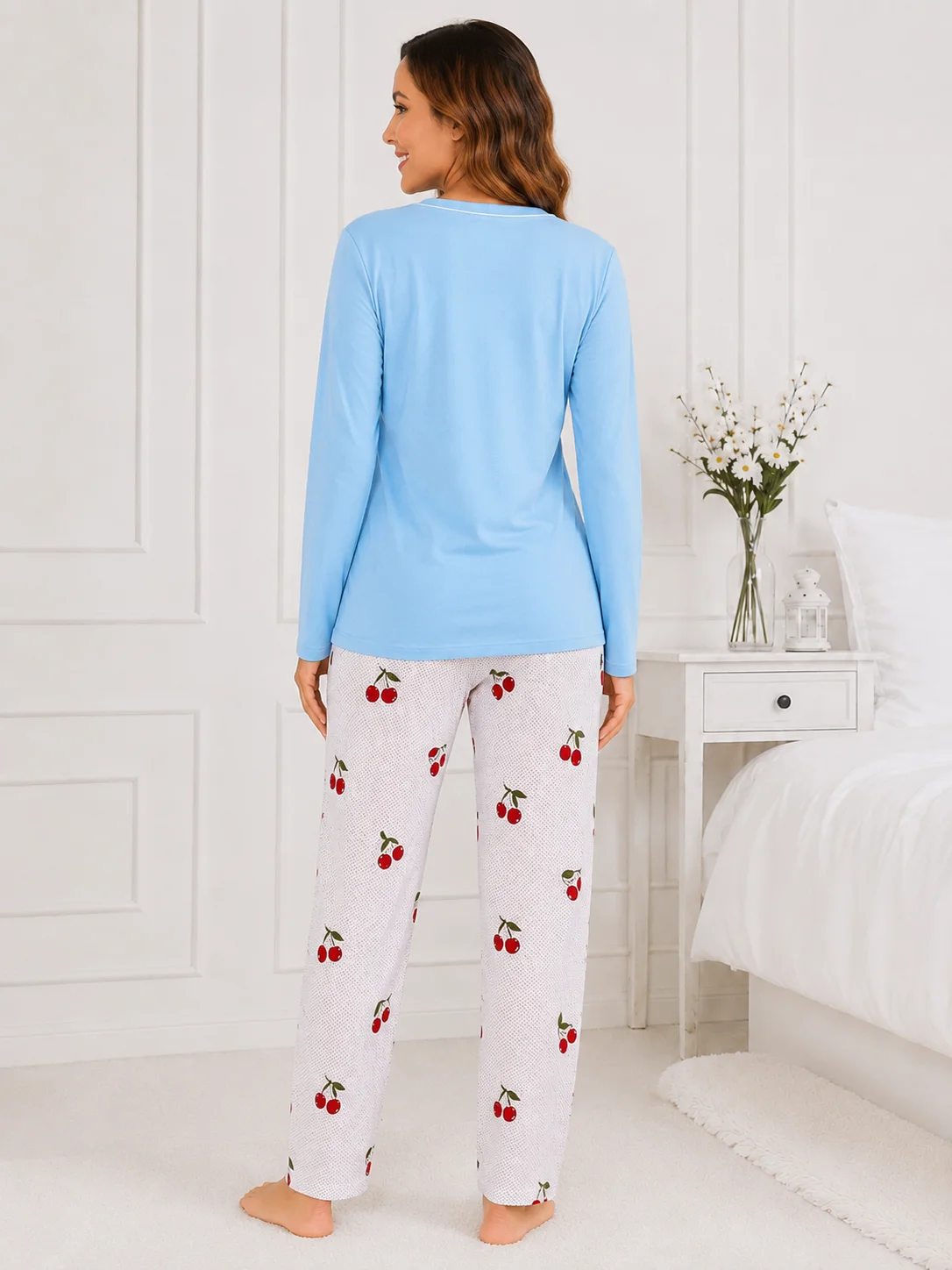 Pijama damă, bluză cu mânecă lungă și pantaloni imprimeu cirese-Bleu