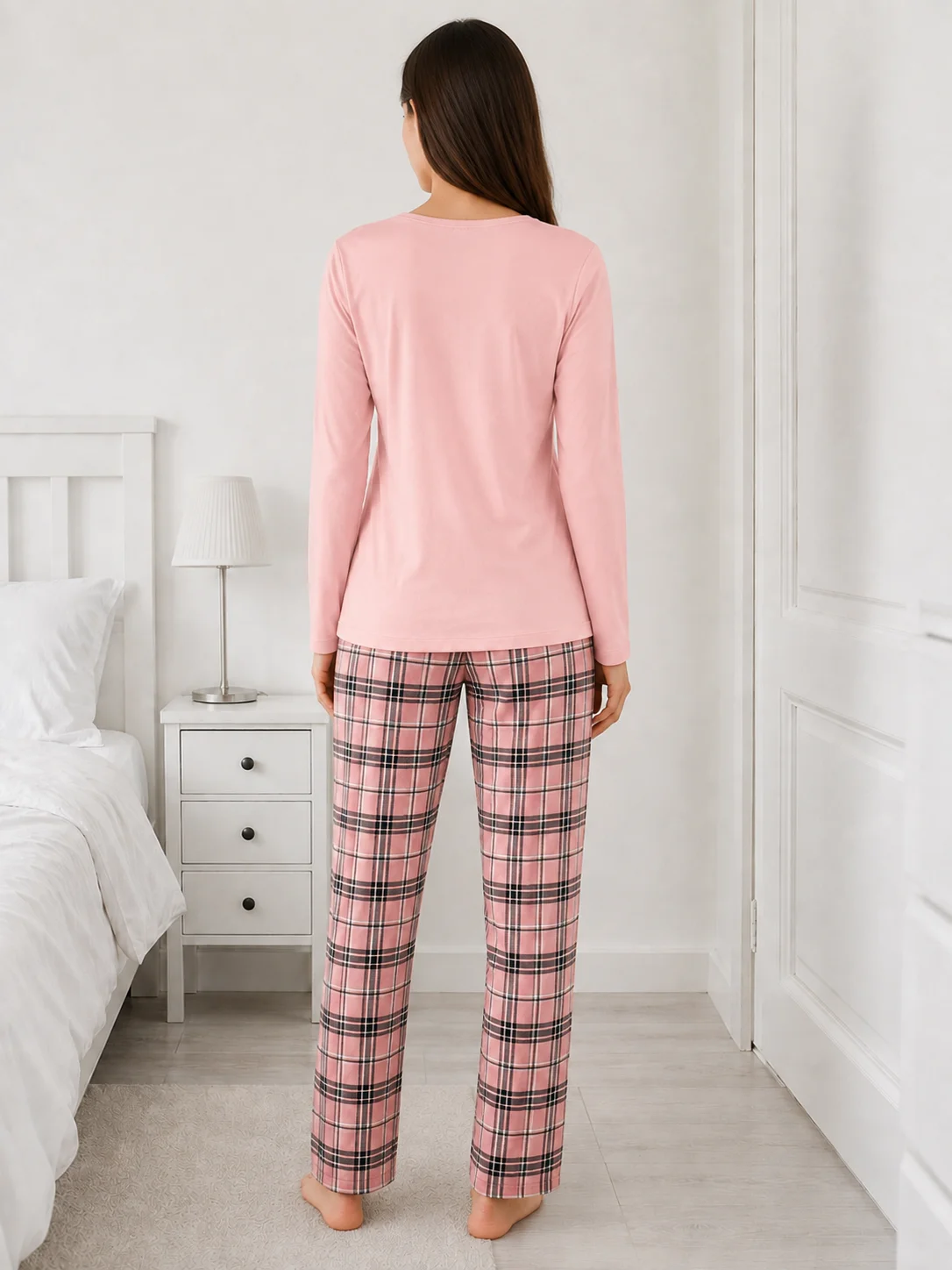 Pijama de Damă cu Imprimeu Căniță și Carouri-Roz
