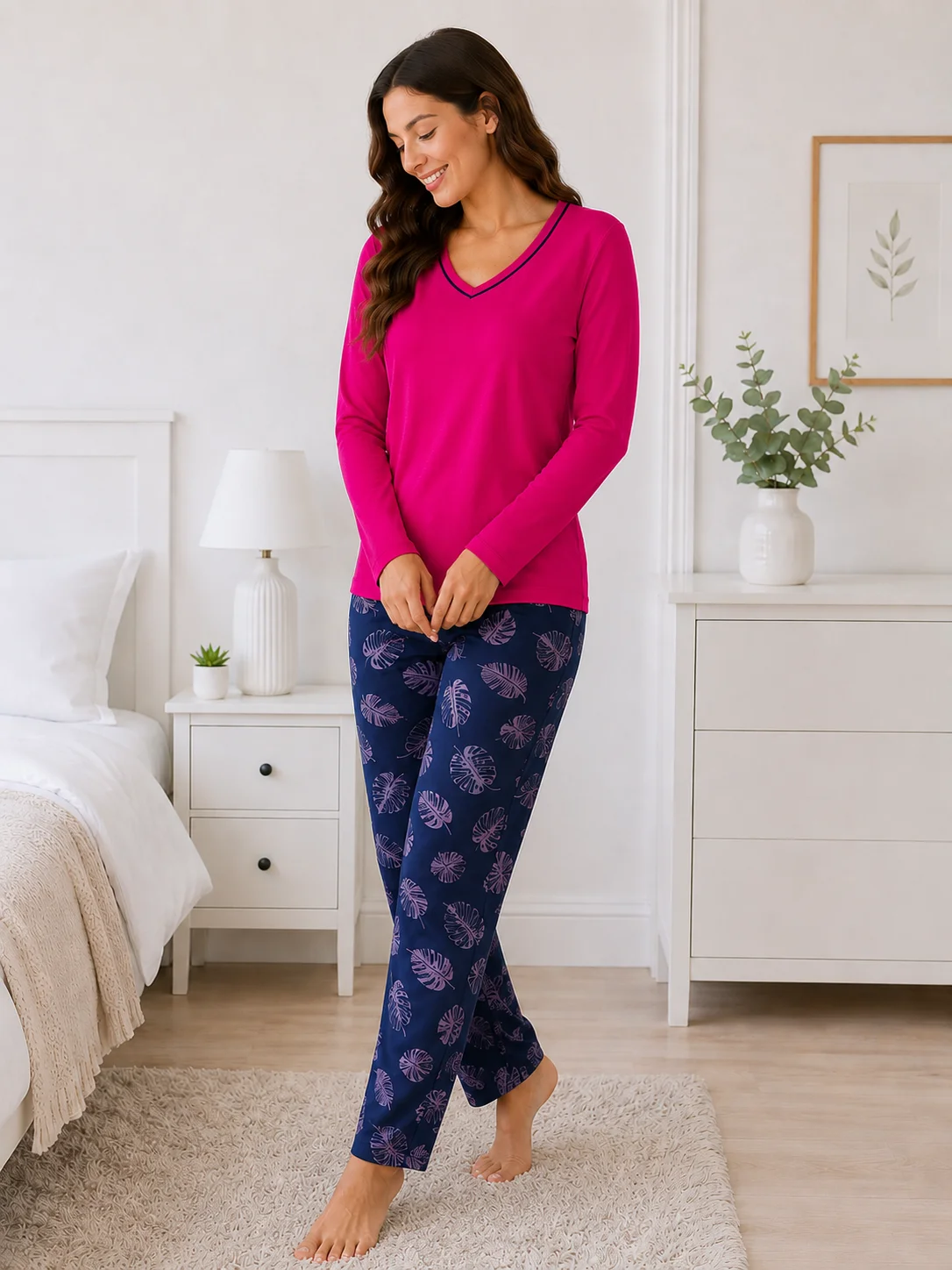 Pijamale dama, Bluză și Pantalon cu Imprimeu Frunze- Magenta