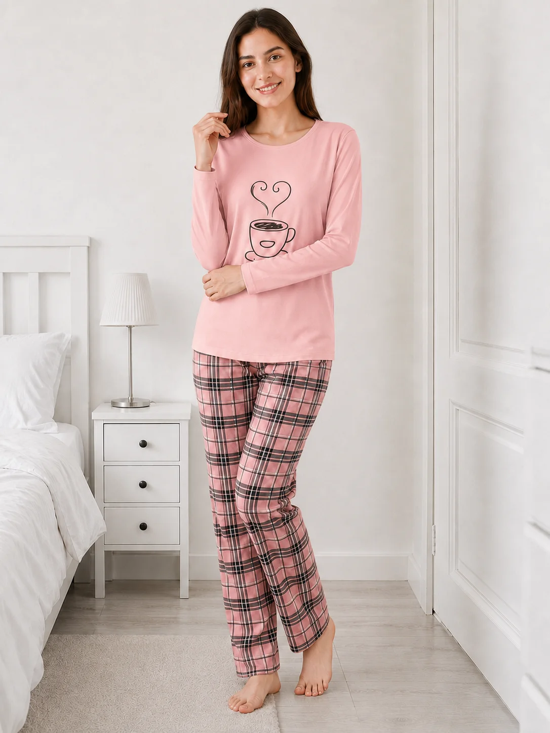 Pijama de Damă cu Imprimeu Căniță și Carouri-Roz — imagine 1
