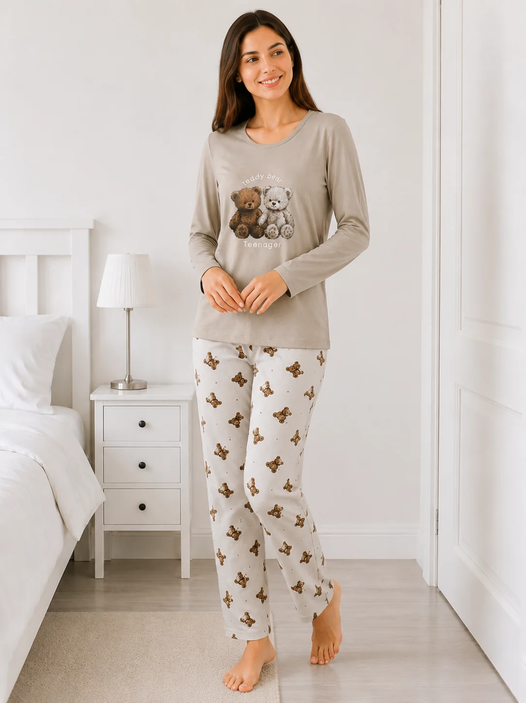 Pijama de Damă  cu Imprimeu Urși și Pantaloni Asortați-Bej
