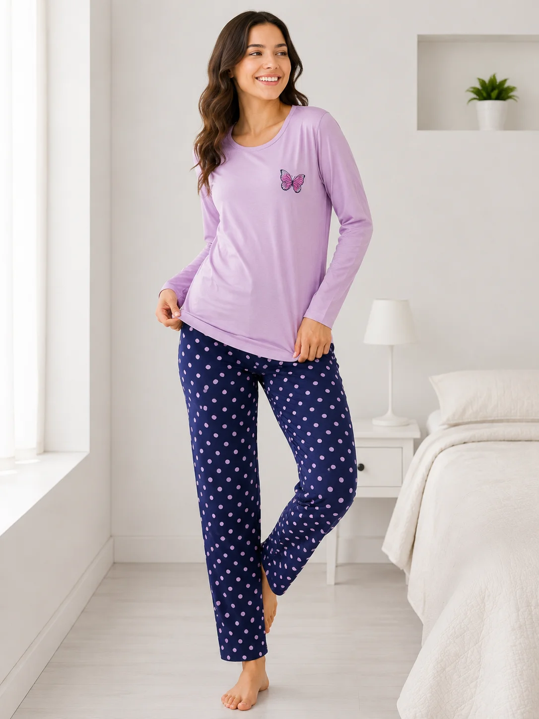 Pijama de Damă cu Bluză și Pantalon Bleumarin cu Buline Roz-Lavandă