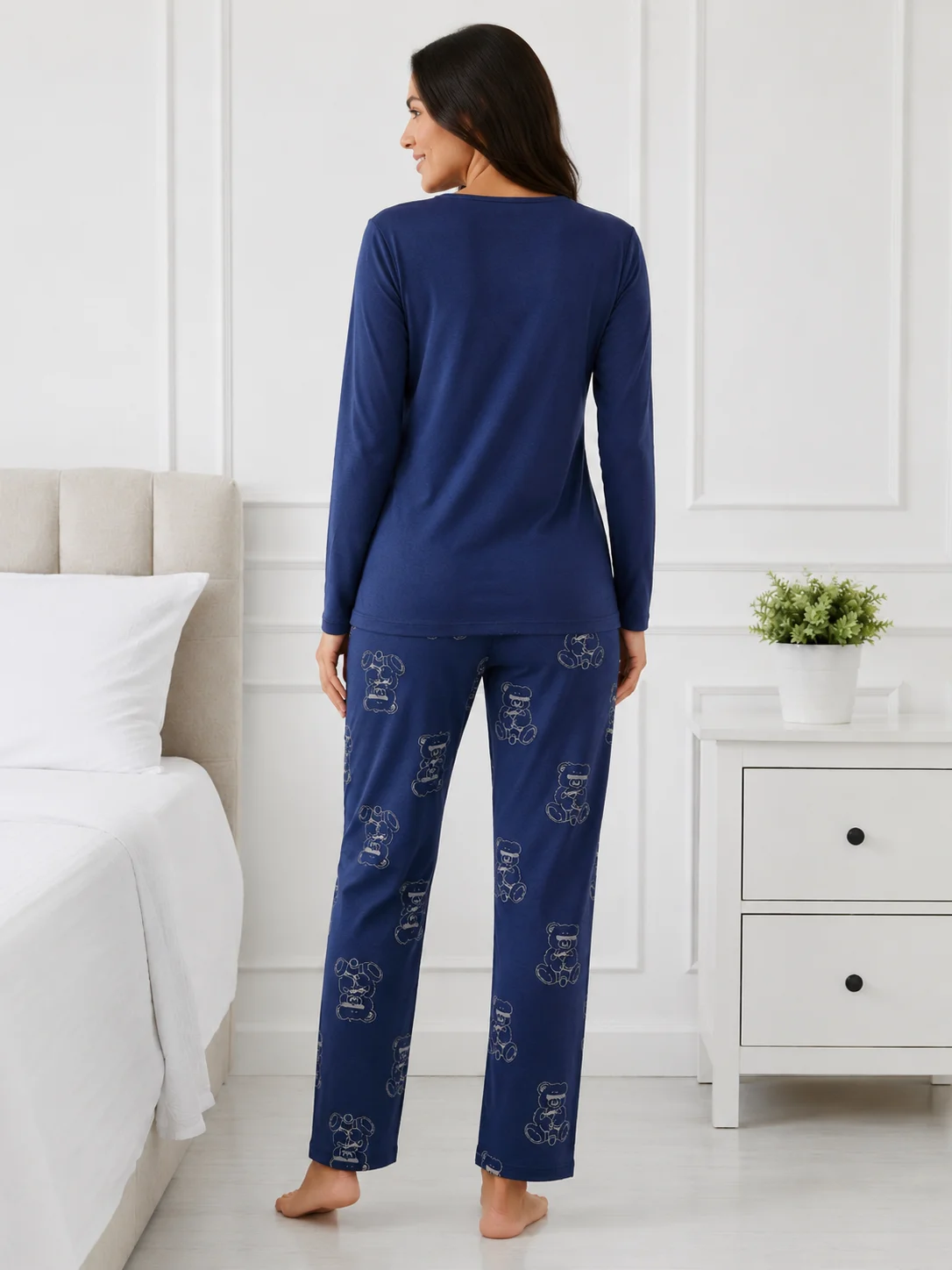Set pijama 2 piese: Bluză cu ursuleț și pantaloni imprimați-Bleumarin