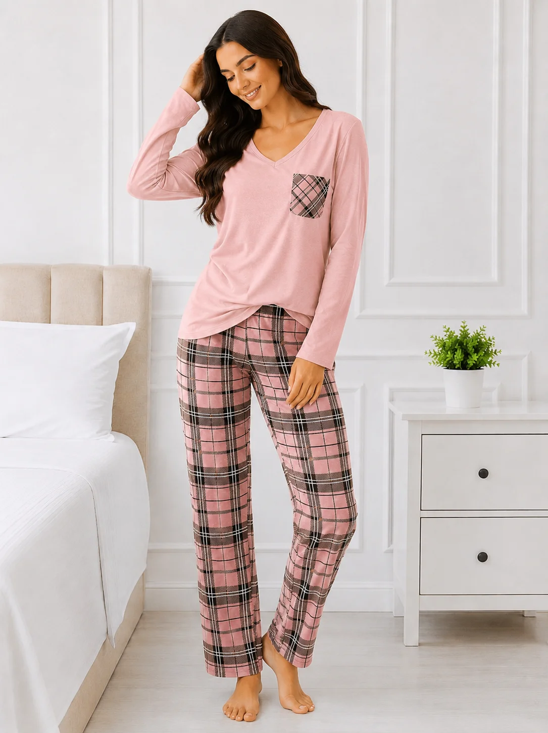Pijama de damă, bluză și pantaloni lungi roz în carouri-Roz