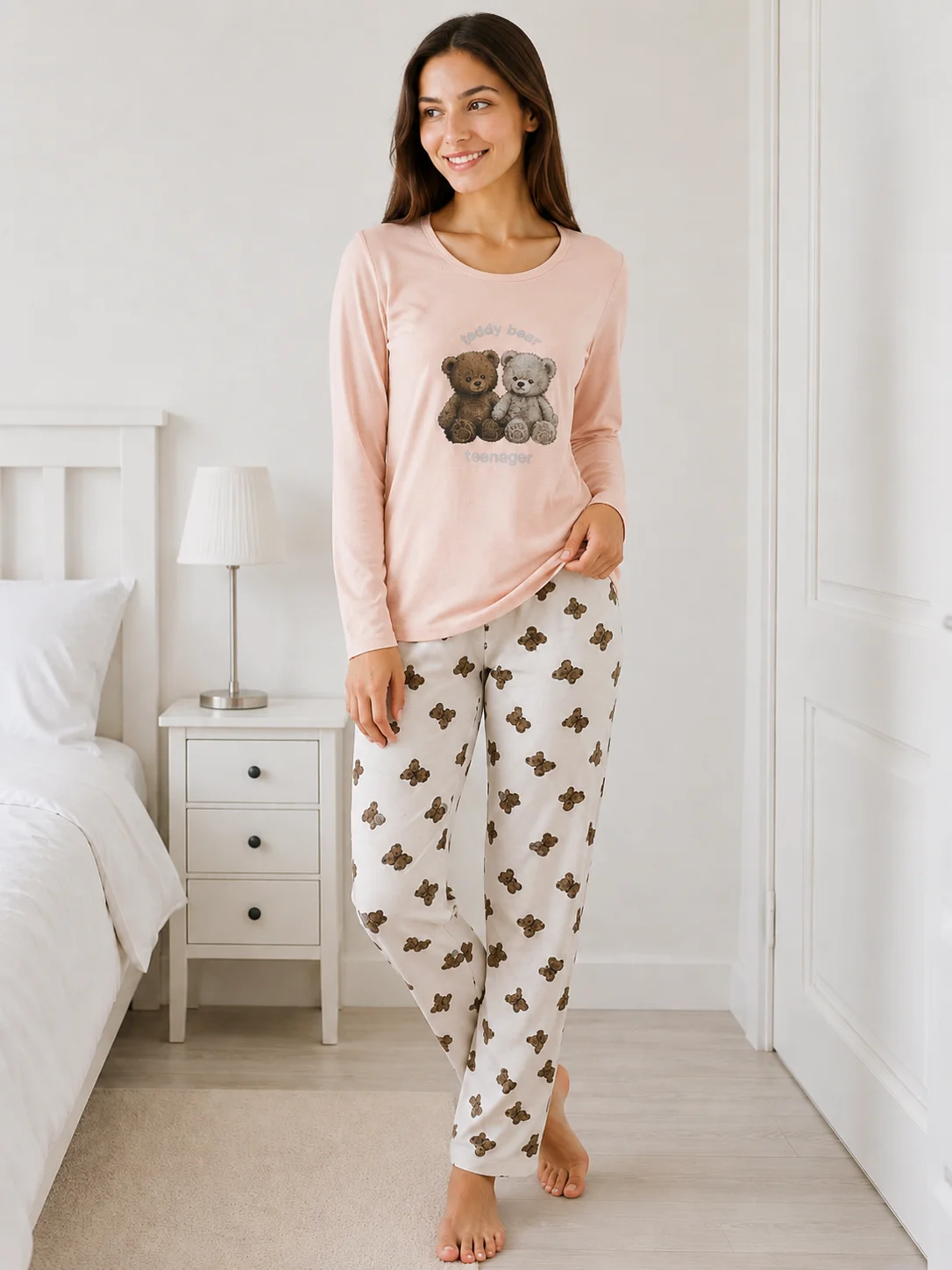 Pijama de Damă  cu Imprimeu Urși și Pantaloni Asortați-Roz pudra