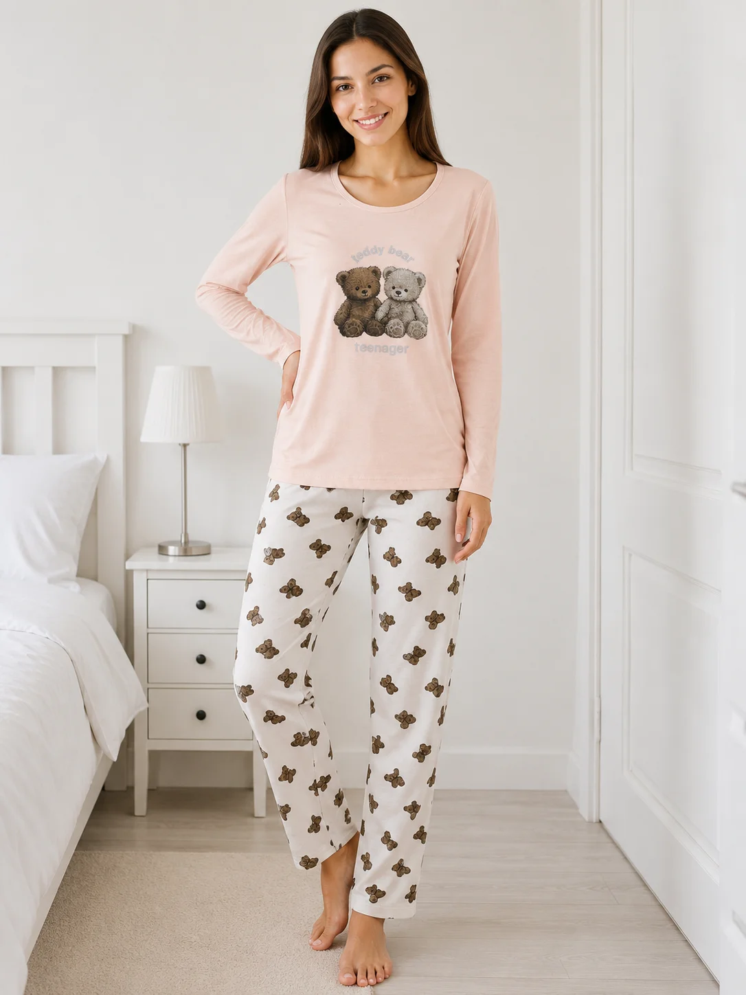 Pijama de Damă  cu Imprimeu Urși și Pantaloni Asortați-Roz pudra