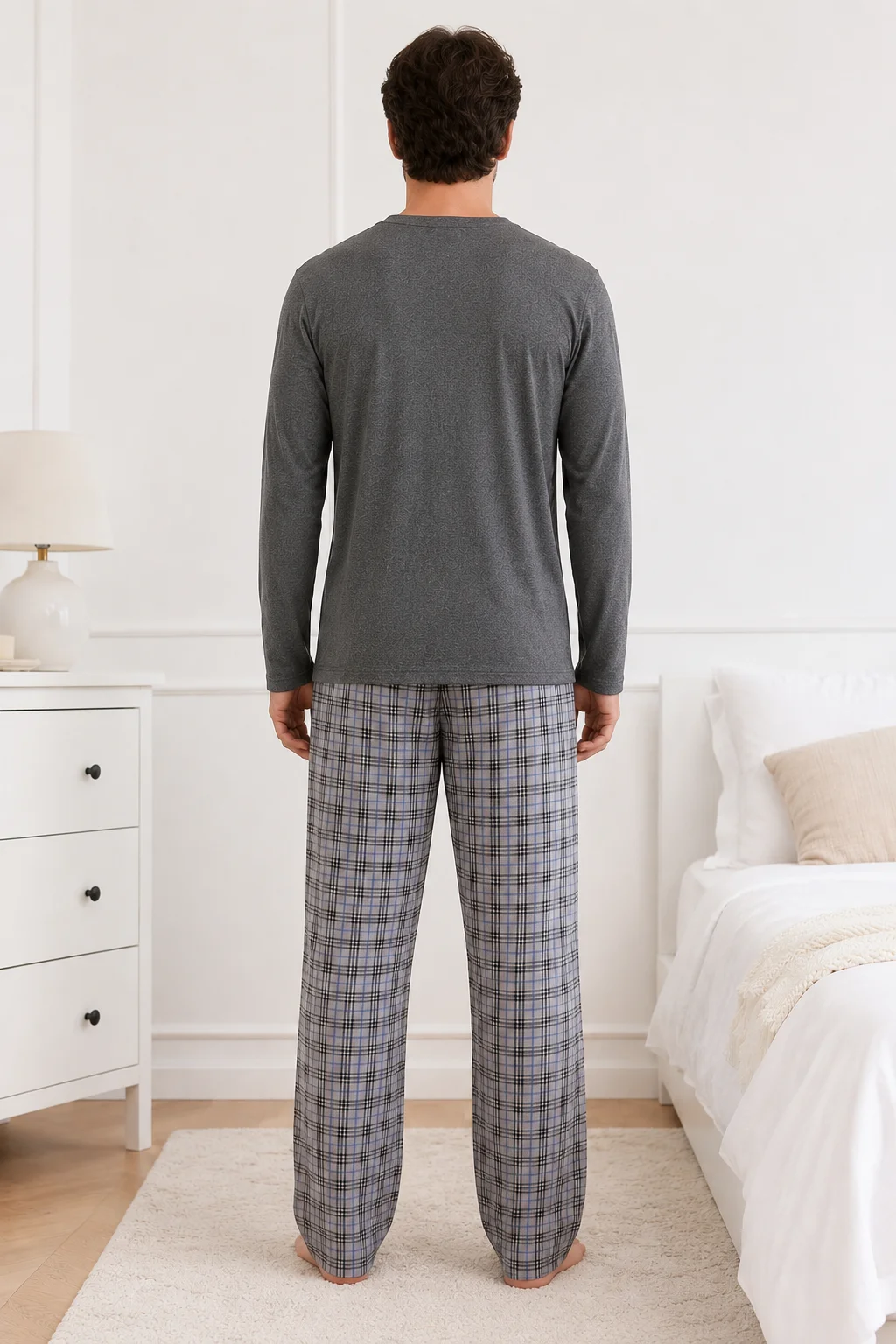 Set Pijama Barbati cu Maneca Lunga si Pantaloni in Carouri -Gri