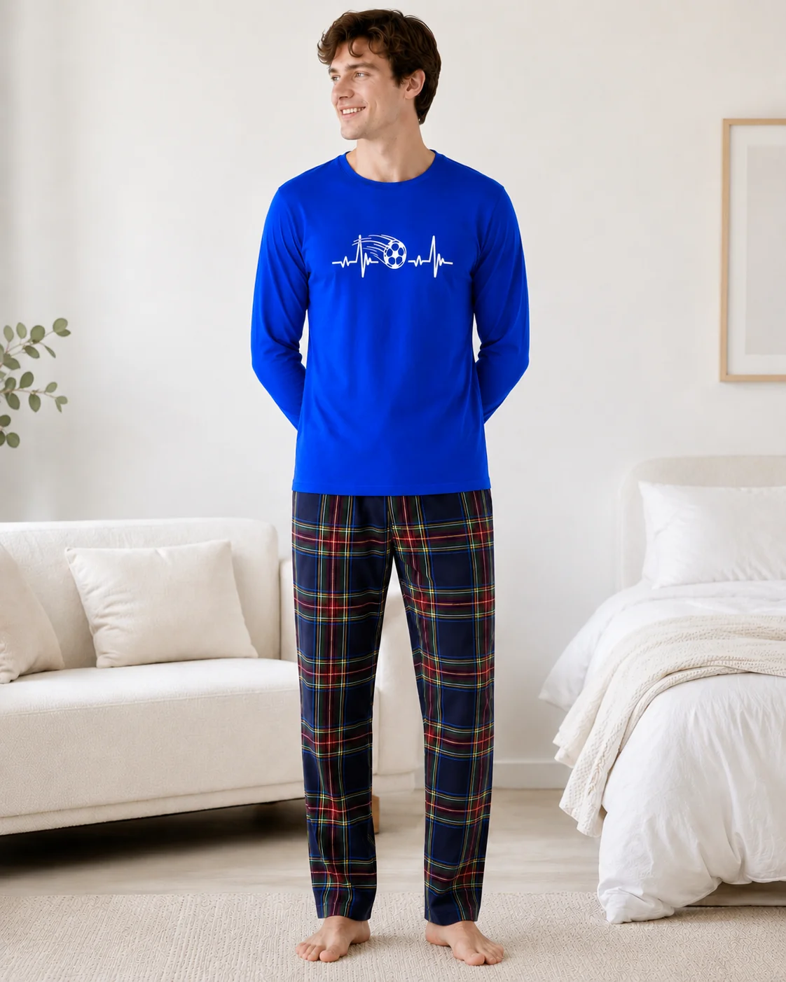Set Pijama Barbati cu Imprimeu Fotbal și Pantaloni în Carouri-Albastru