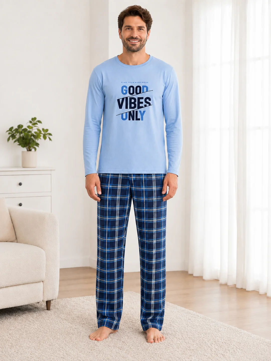 Set Relaxare Barbati Bluză Good Vibes si Pantaloni in Carouri-Bleu — imagine 2