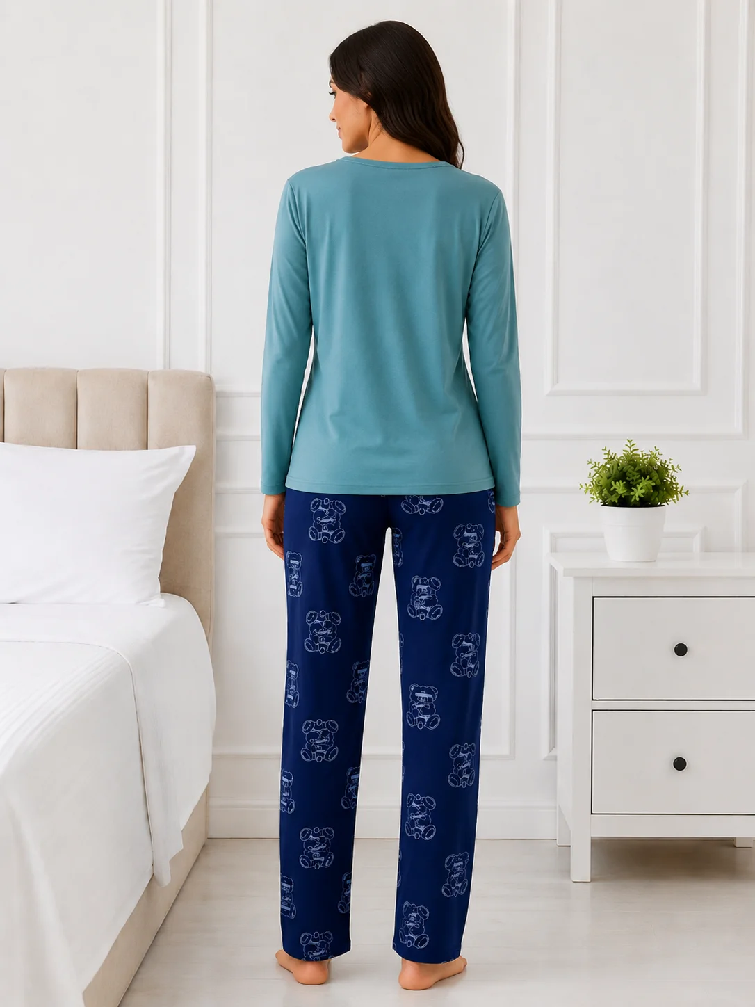 Set pijama 2 piese: Bluză cu ursuleț și pantaloni imprimați-Turcoaz
