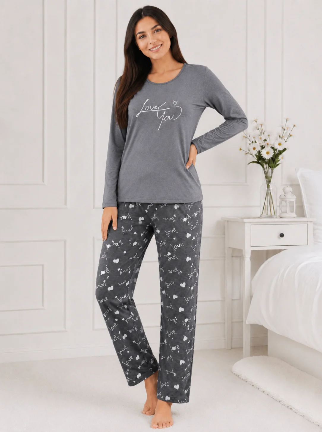 Pijama de damă cu mesaj „Love You” și pantaloni gri cu imprimeu-Gri