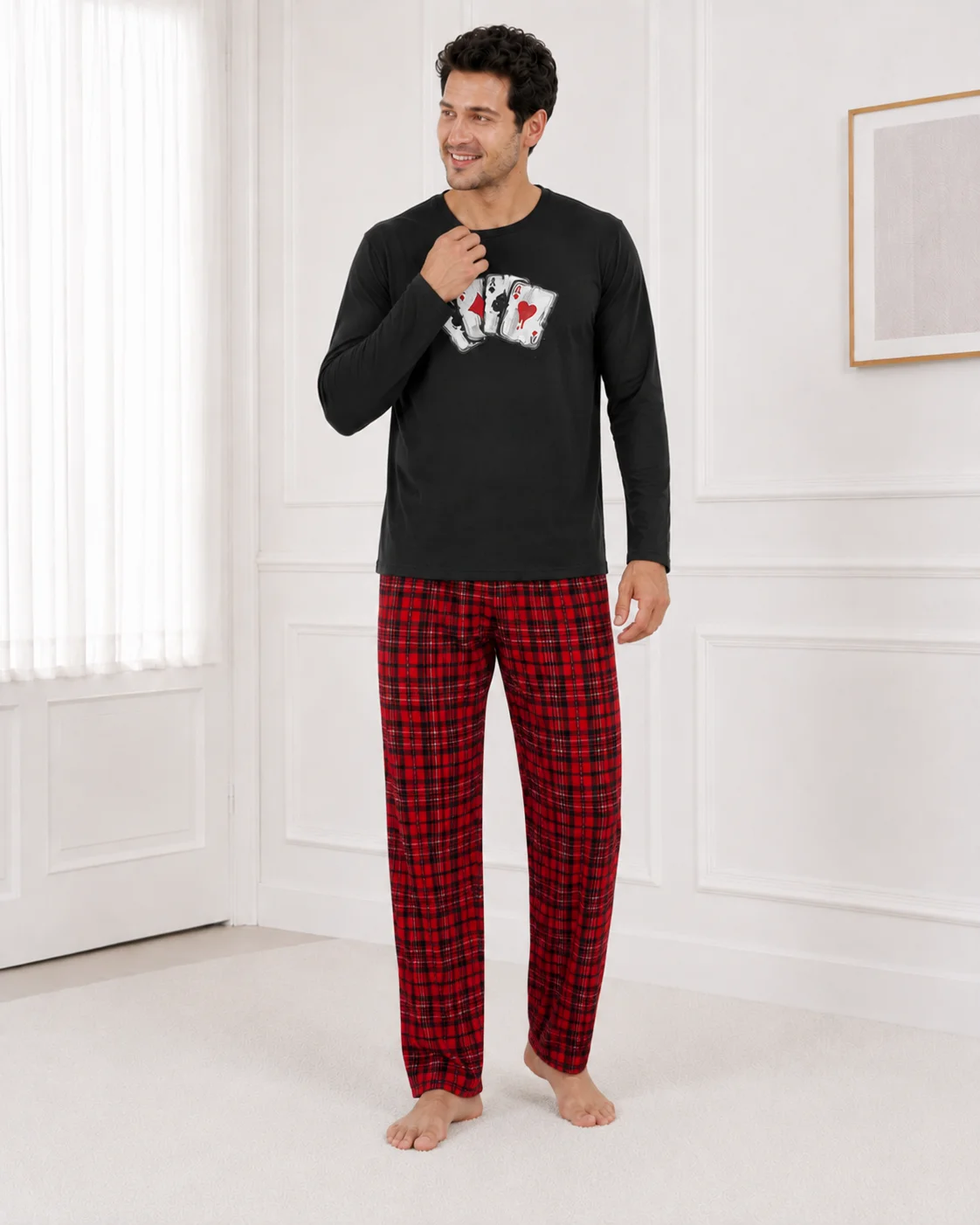Set Pijama Barbati cu Maneca Lunga si Pantaloni in Carouri Rosi-Negru — imagine 2