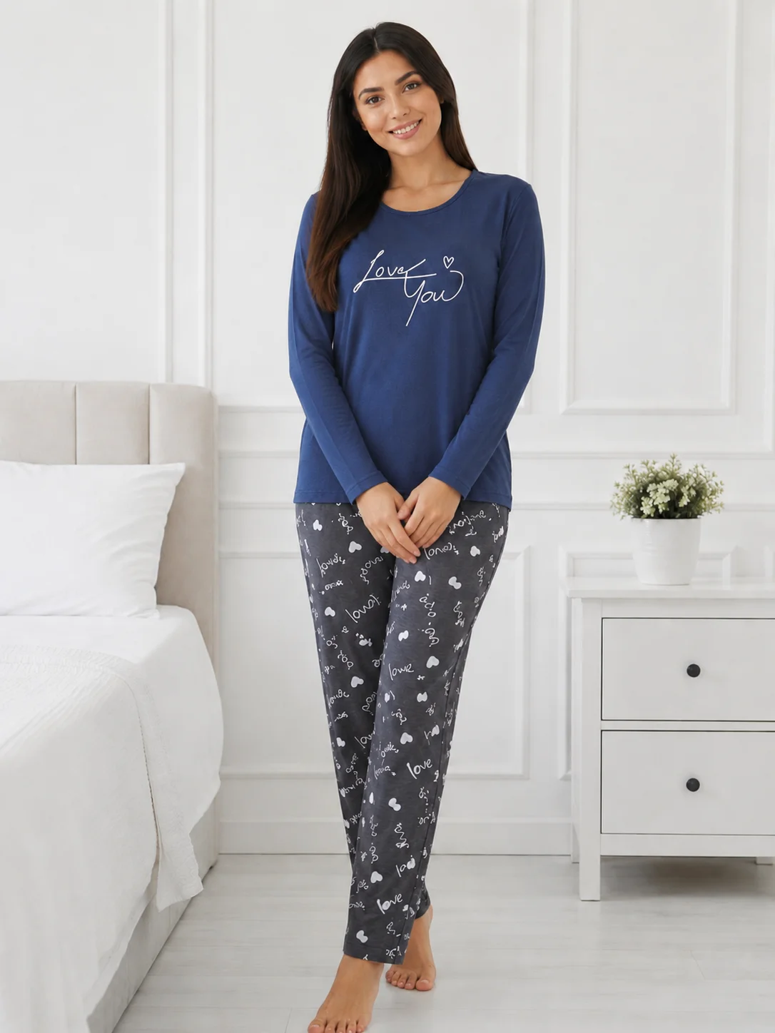 Pijama de damă cu mesaj „Love You” și pantaloni gri cu imprimeu-Albastru