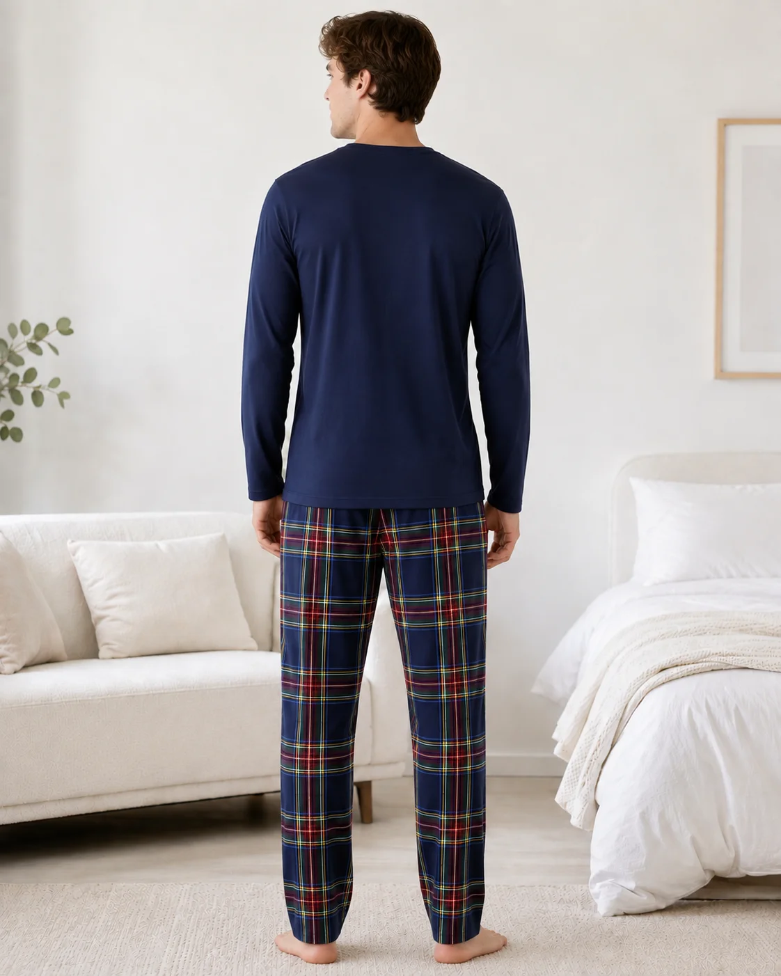 Set Pijama Barbati cu Imprimeu Fotbal și Pantaloni în Carouri-Bleumarin