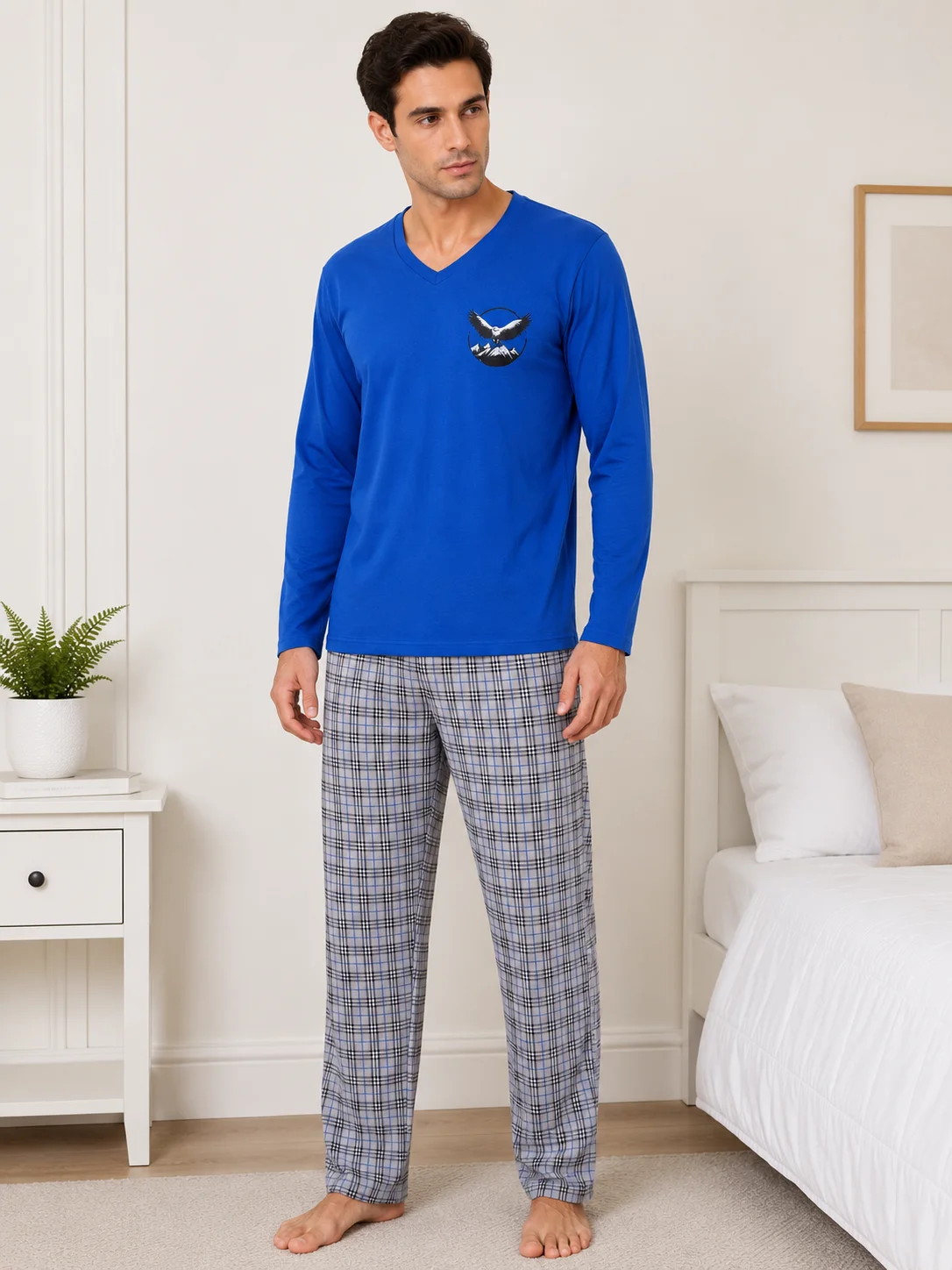 Set Pijama Barbati cu Maneca Lunga si Pantaloni in Carouri -Albastru