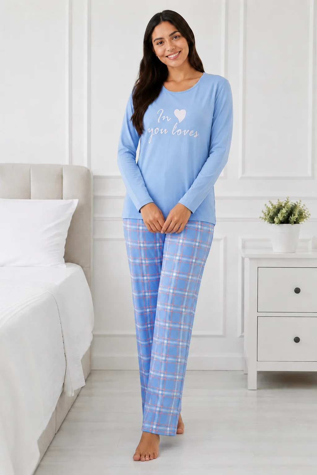 Pijama de damă pastel cu bluză și pantaloni în carouri-Albastru — imagine 3
