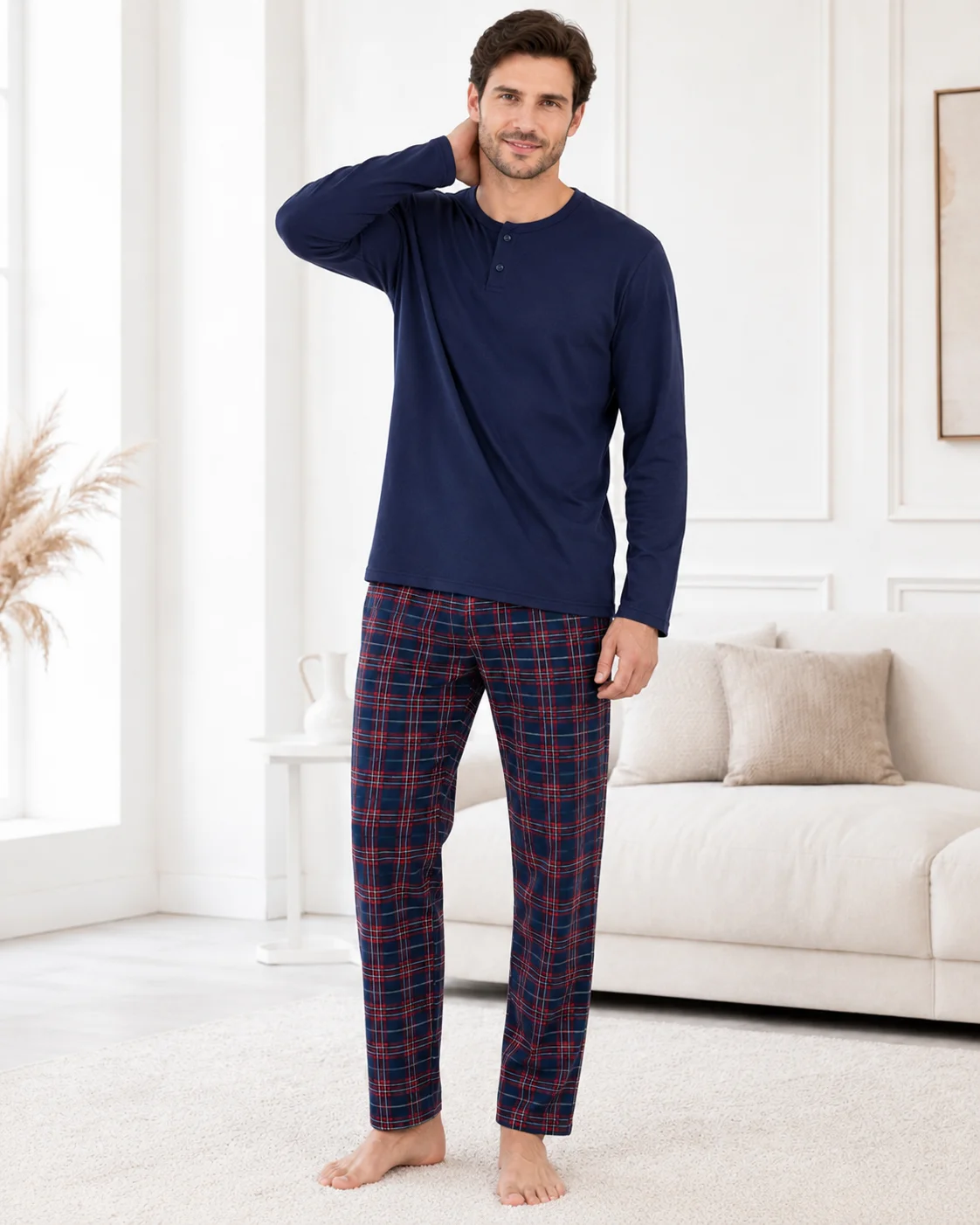 Pijama Barbati  cu Nasturi si Carouri Multicolore-Bleumarin — imagine 2