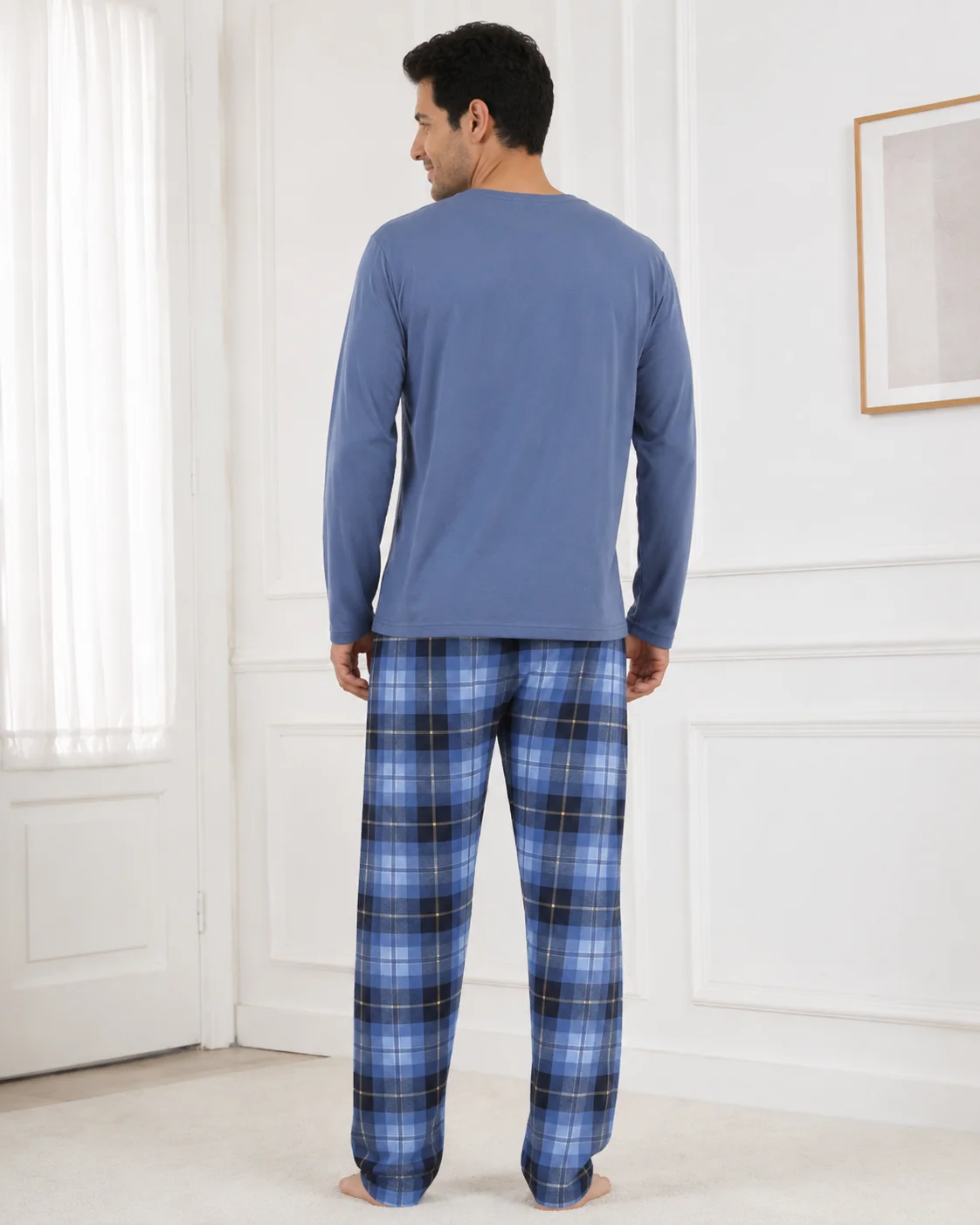 Set Pijama Barbati cu Maneca Lunga si Pantaloni in Carouri Albastre-Albastru prafuit