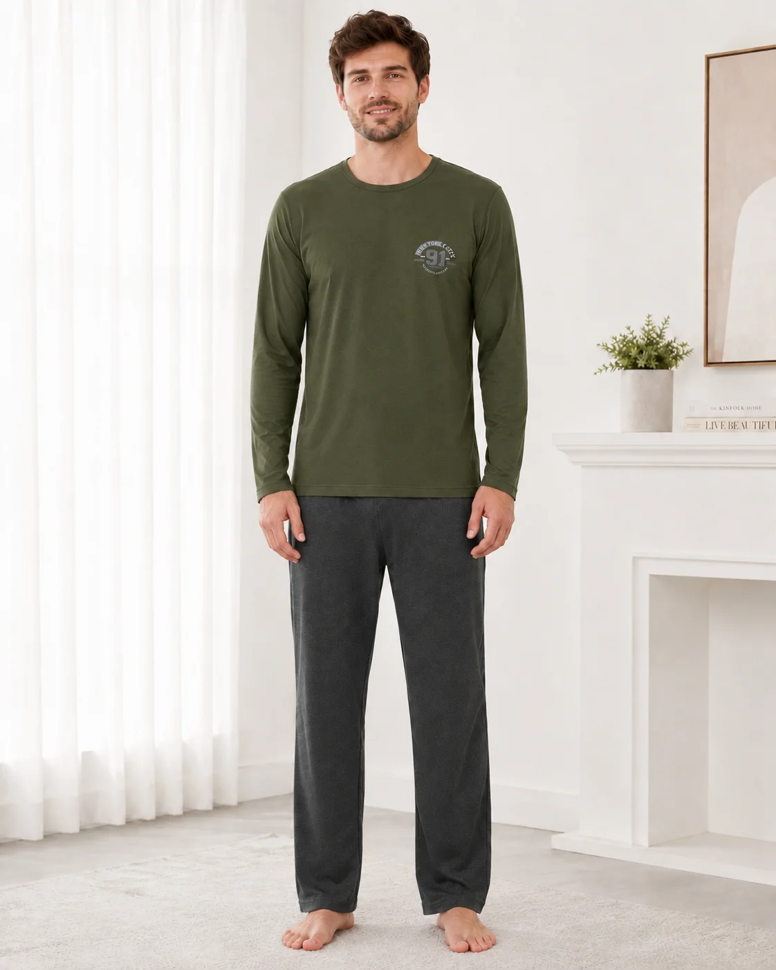 Set Pijama Barbati cu Maneca Lunga si Pantaloni Gri Inchis-Verde — imagine 2